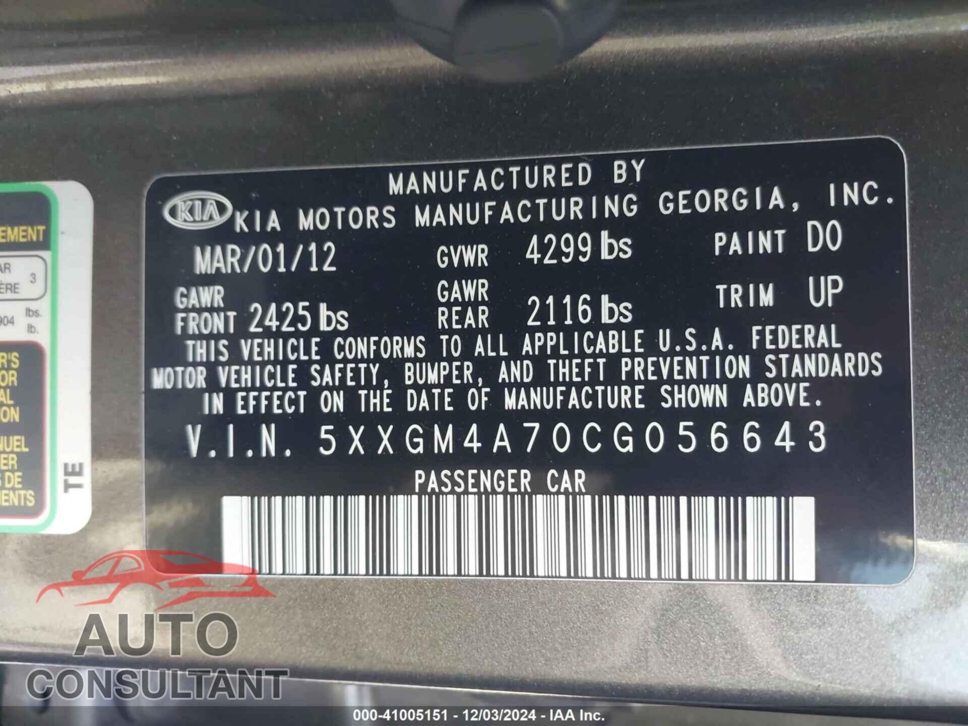 KIA OPTIMA 2012 - 5XXGM4A70CG056643