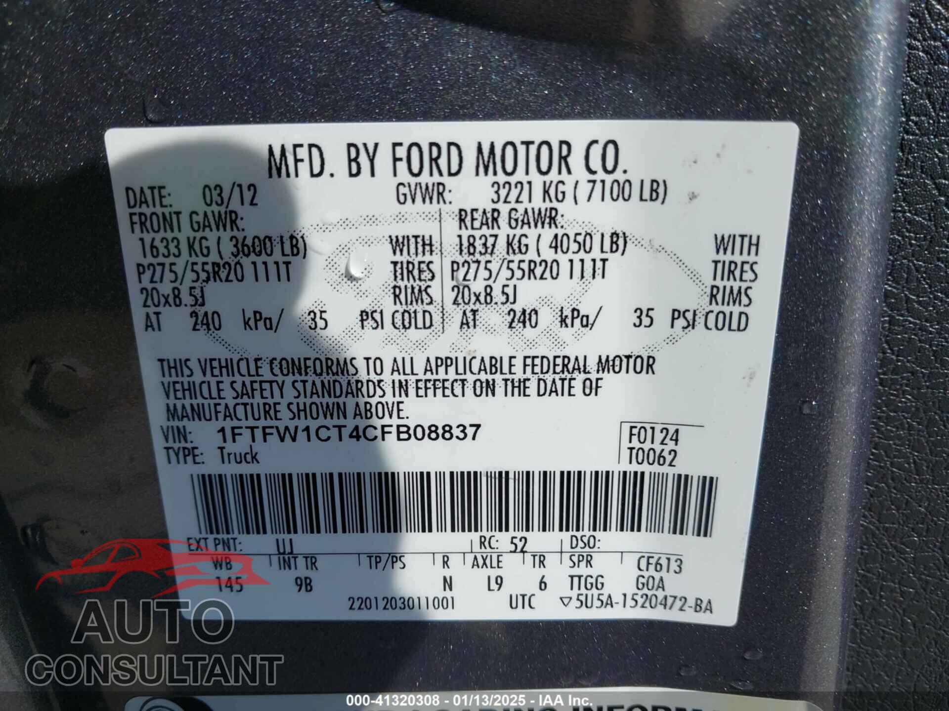 FORD F-150 2012 - 1FTFW1CT4CFB08837