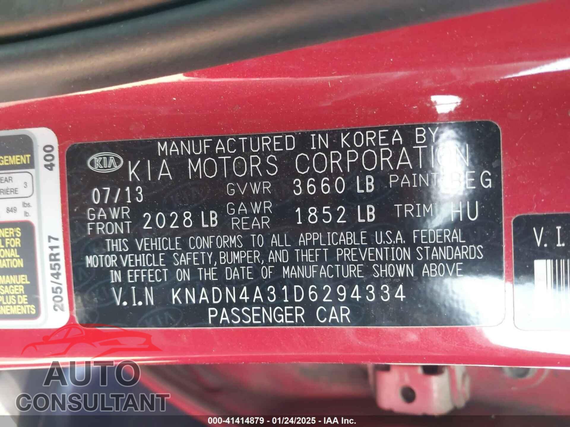 KIA RIO 2013 - KNADN4A31D6294334