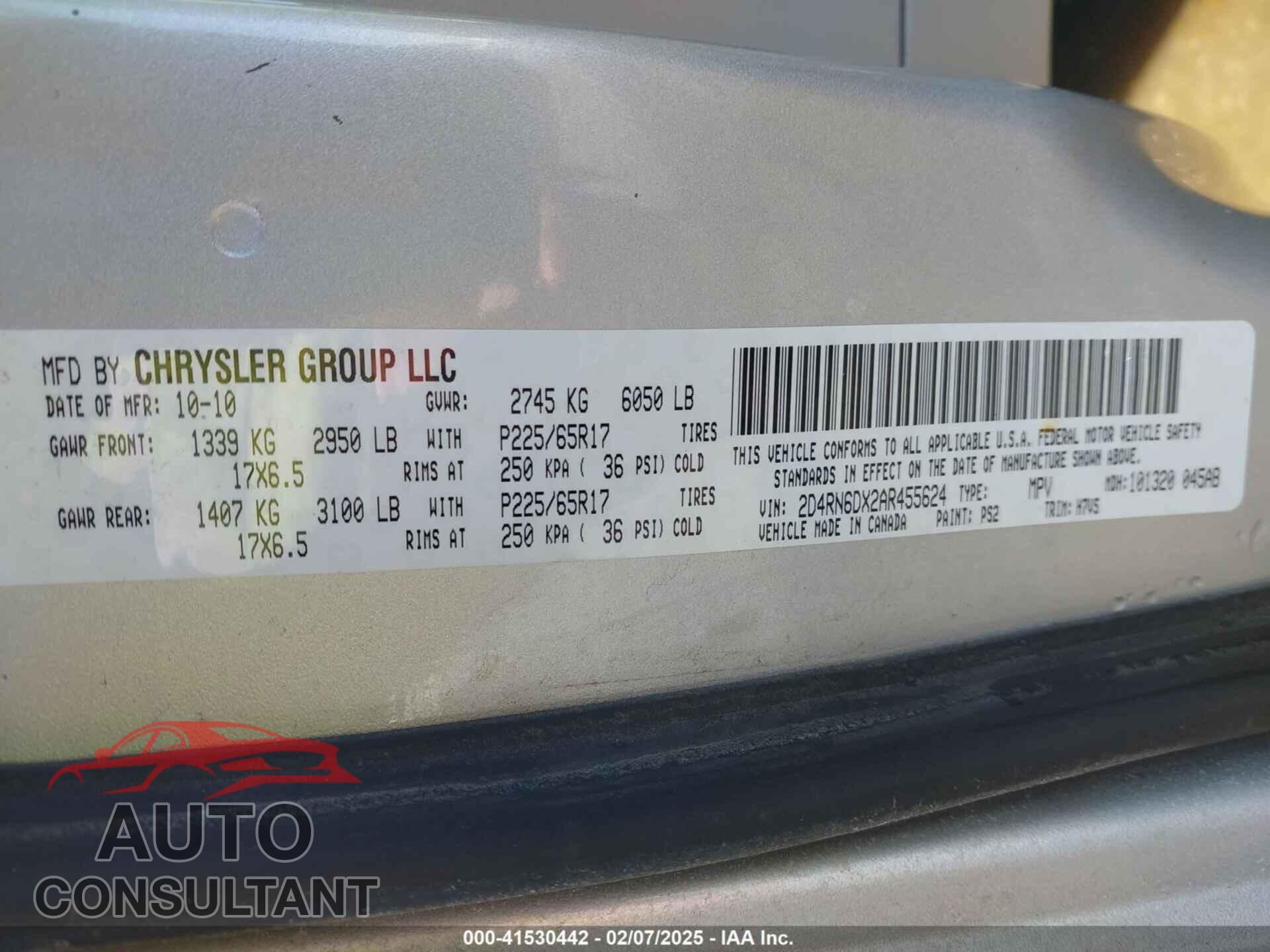 DODGE GRAND CARAVAN 2010 - 2D4RN6DX2AR455624