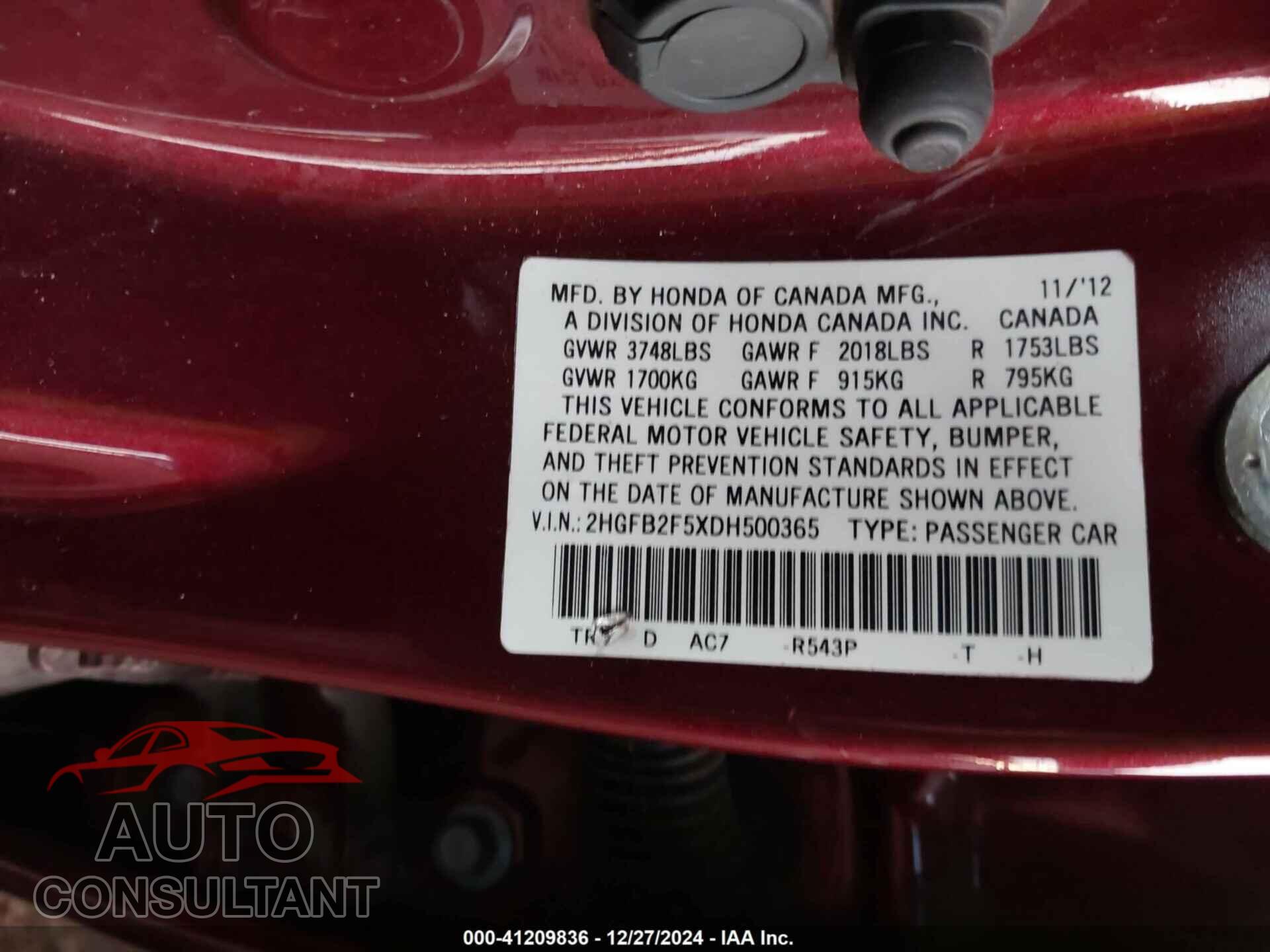 HONDA CIVIC 2013 - 2HGFB2F5XDH500365