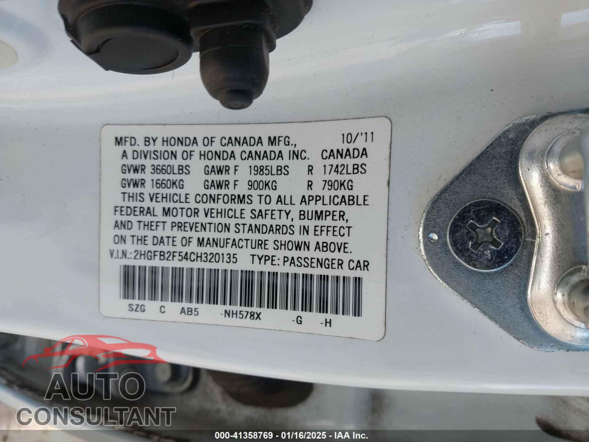 HONDA CIVIC SDN 2012 - 2HGFB2F54CH320135