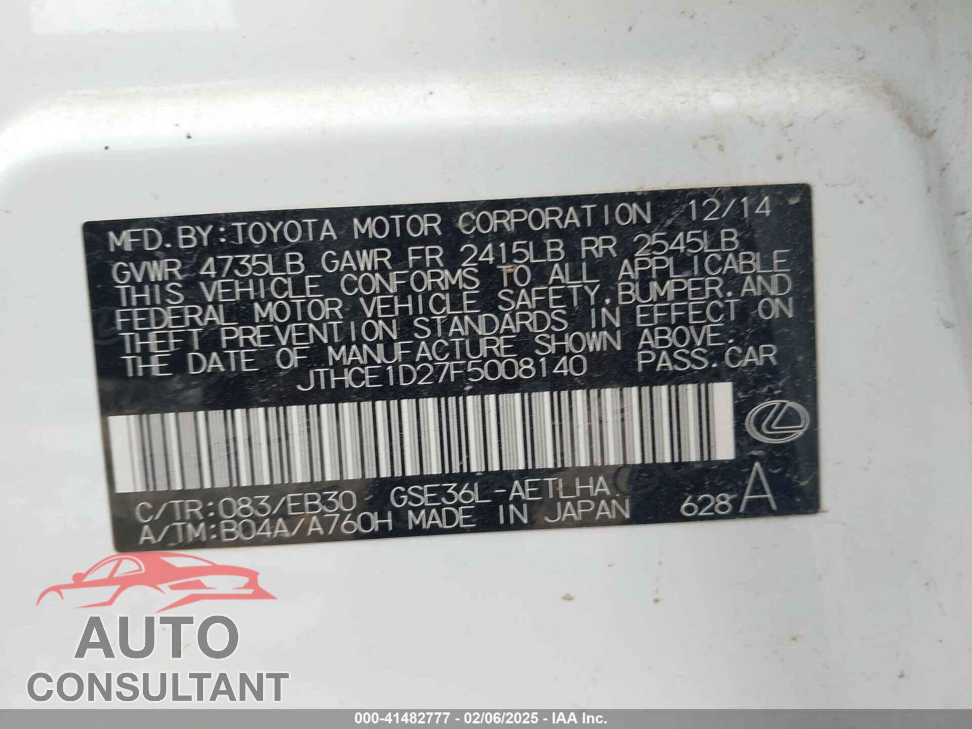 LEXUS IS 350 2015 - JTHCE1D27F5008140