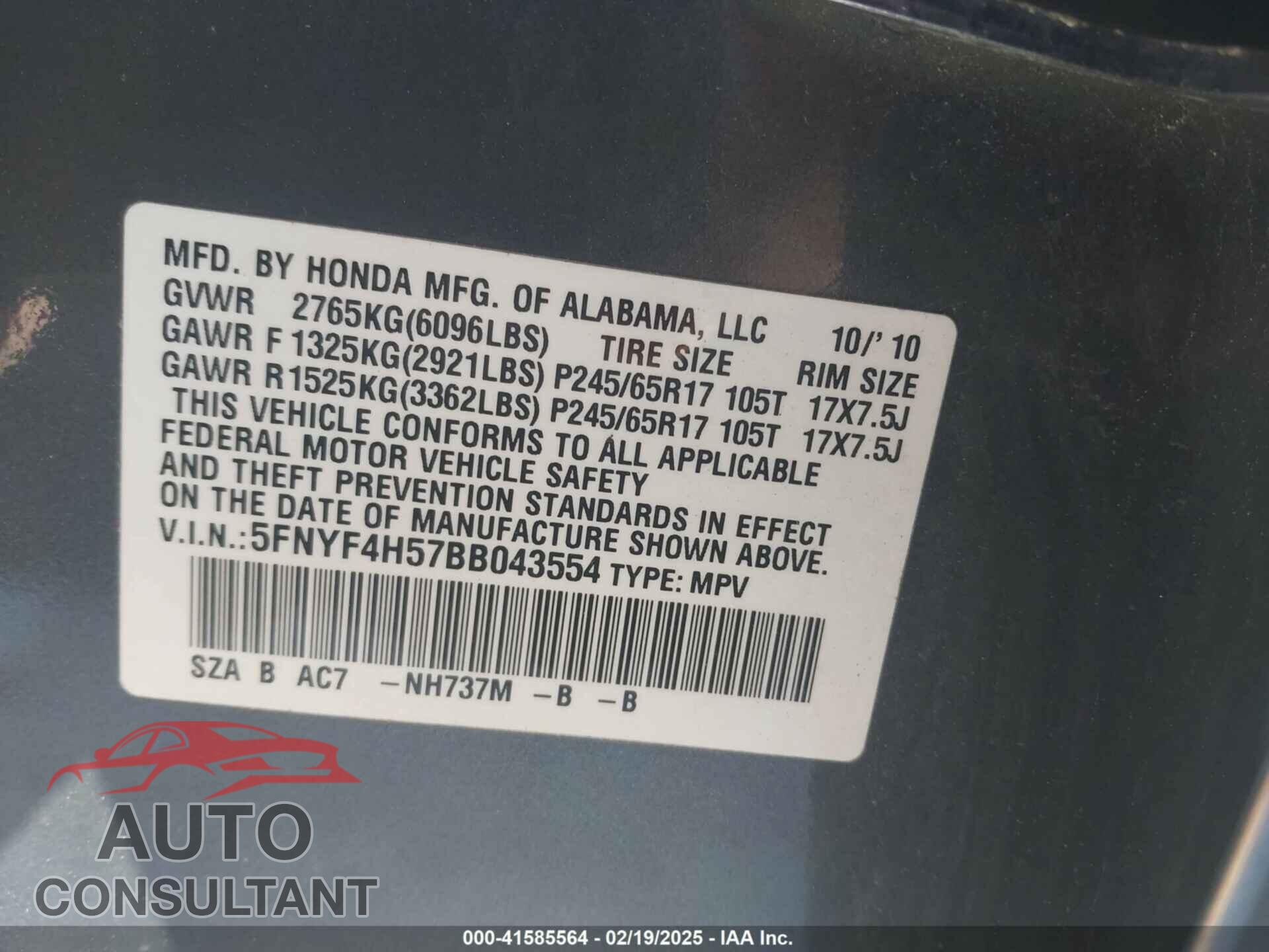 HONDA PILOT 2011 - 5FNYF4H57BB043554
