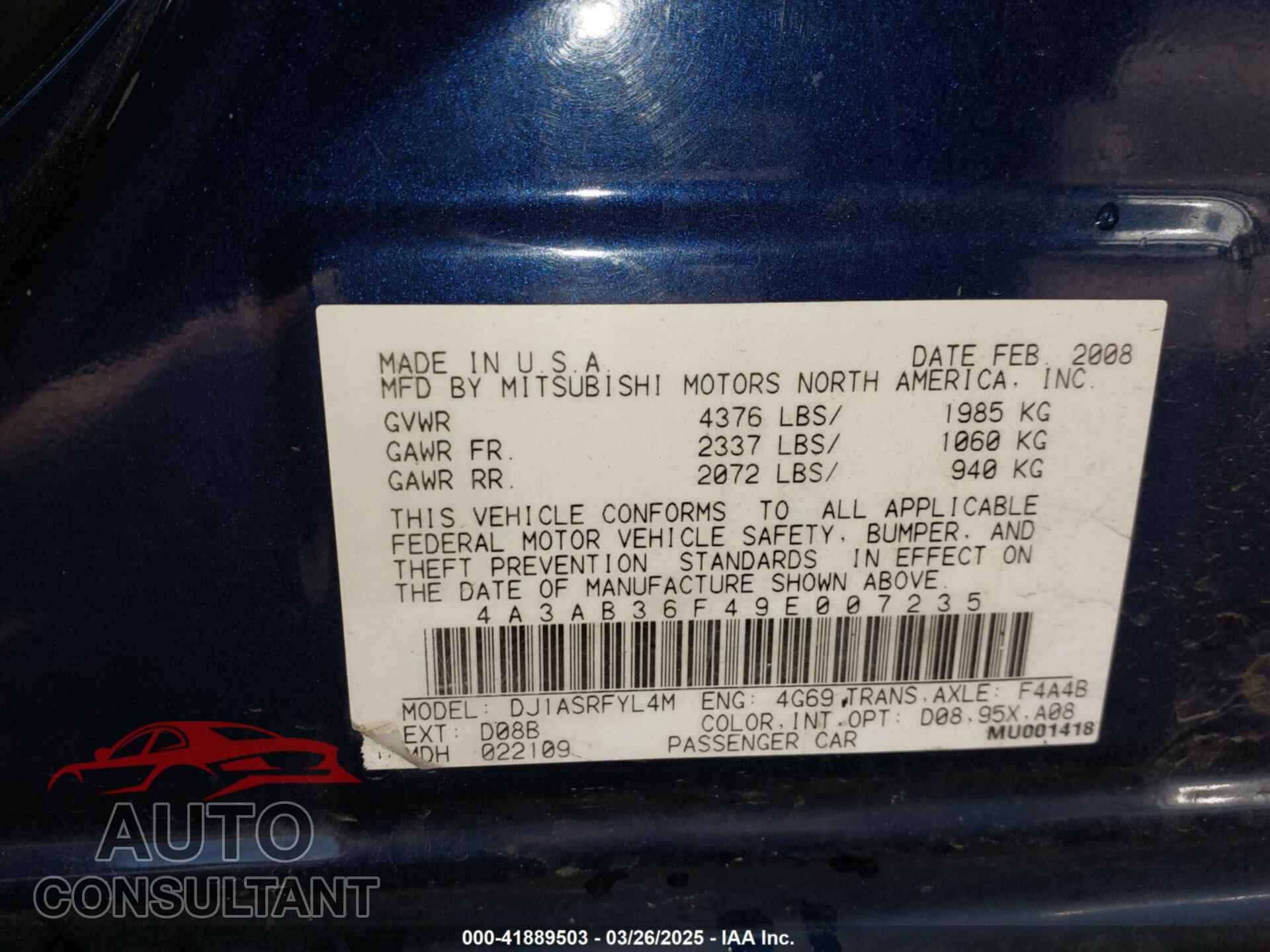 MITSUBISHI GALANT 2009 - 4A3AB36F49E007235