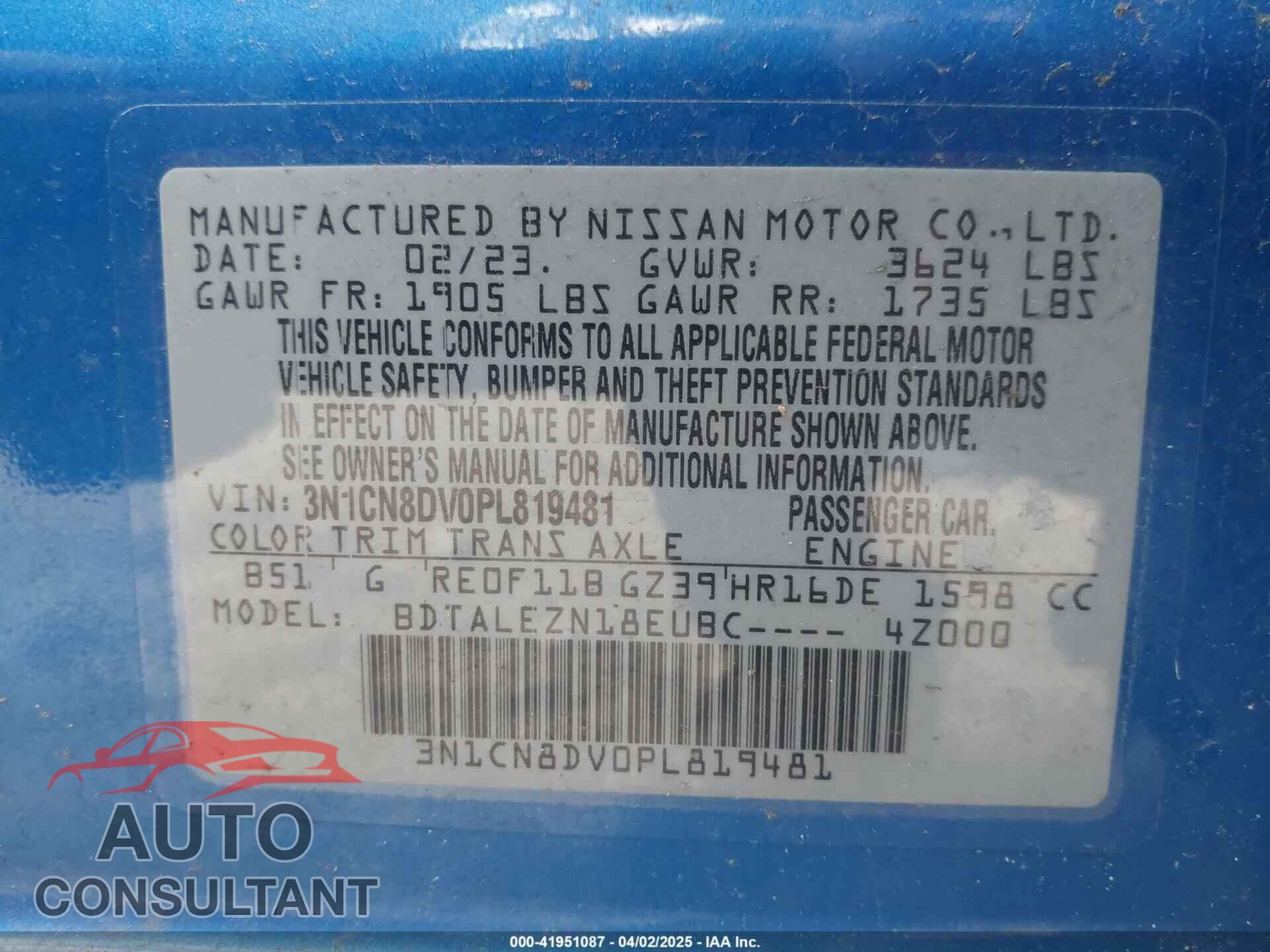 NISSAN VERSA 2023 - 3N1CN8DV0PL819481