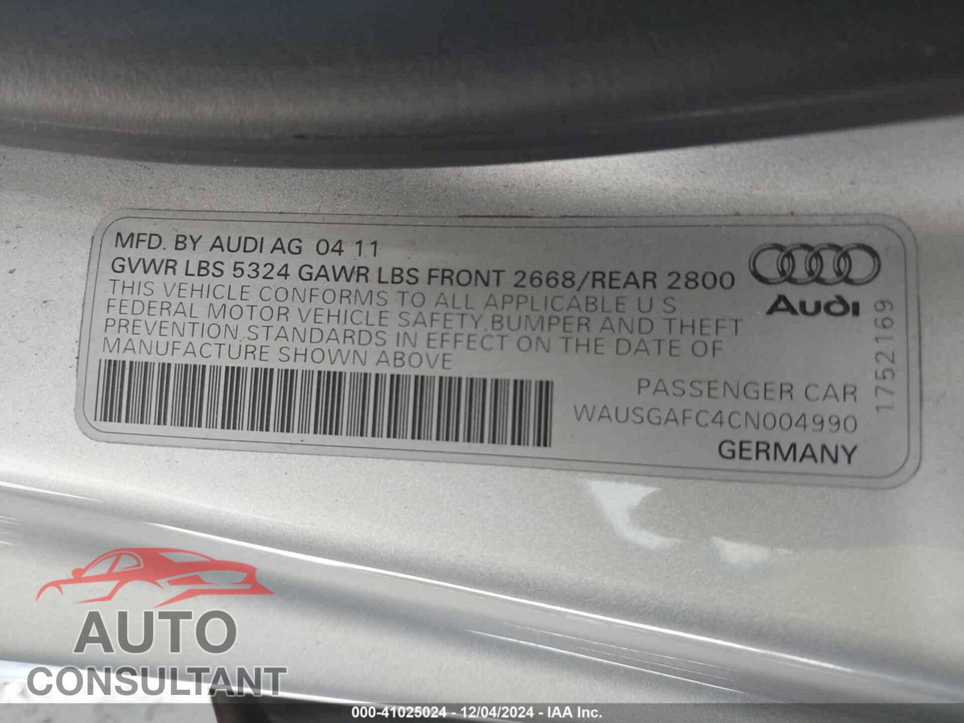 AUDI A7 2012 - WAUSGAFC4CN004990