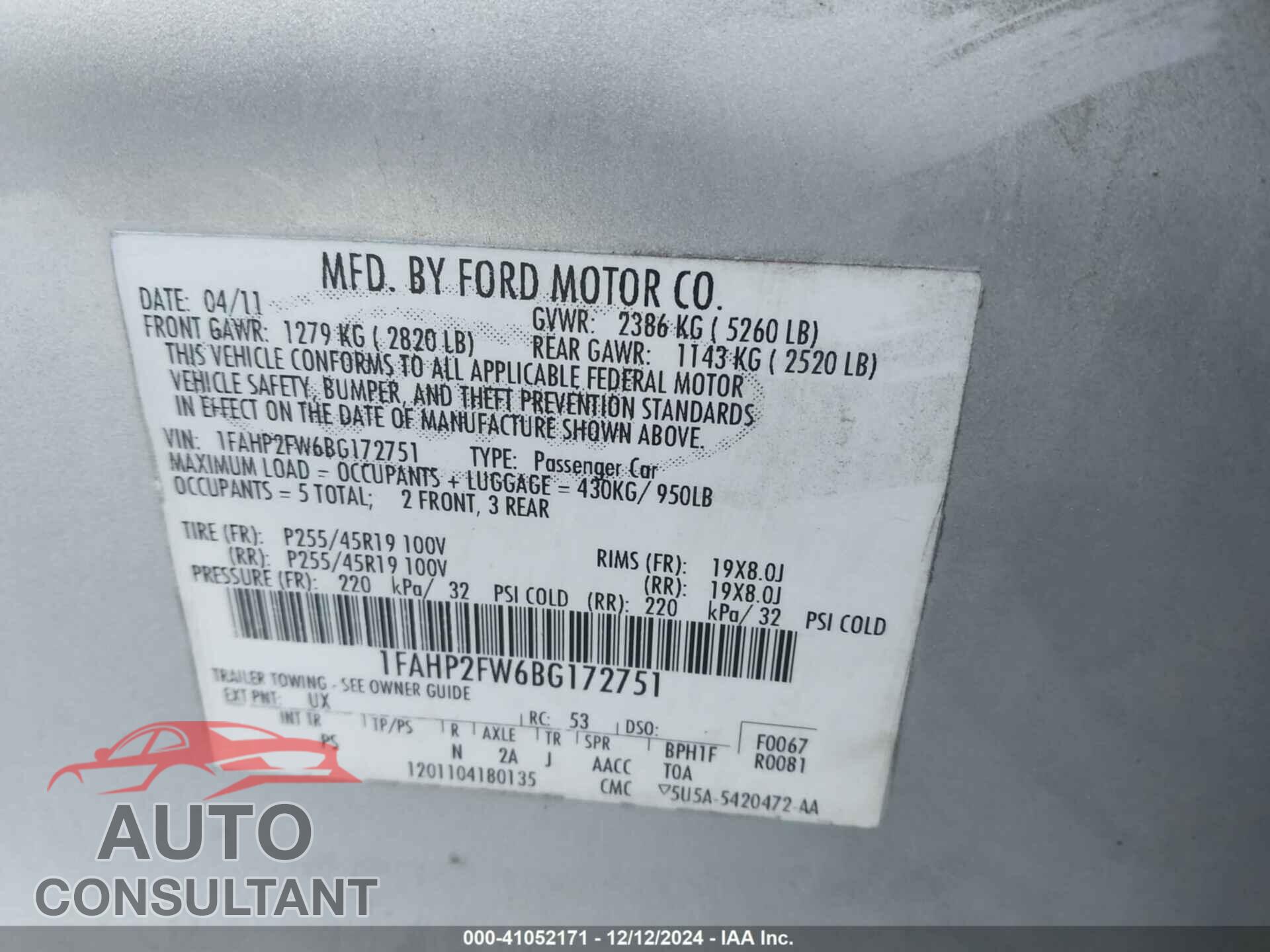FORD TAURUS 2011 - 1FAHP2FW6BG172751