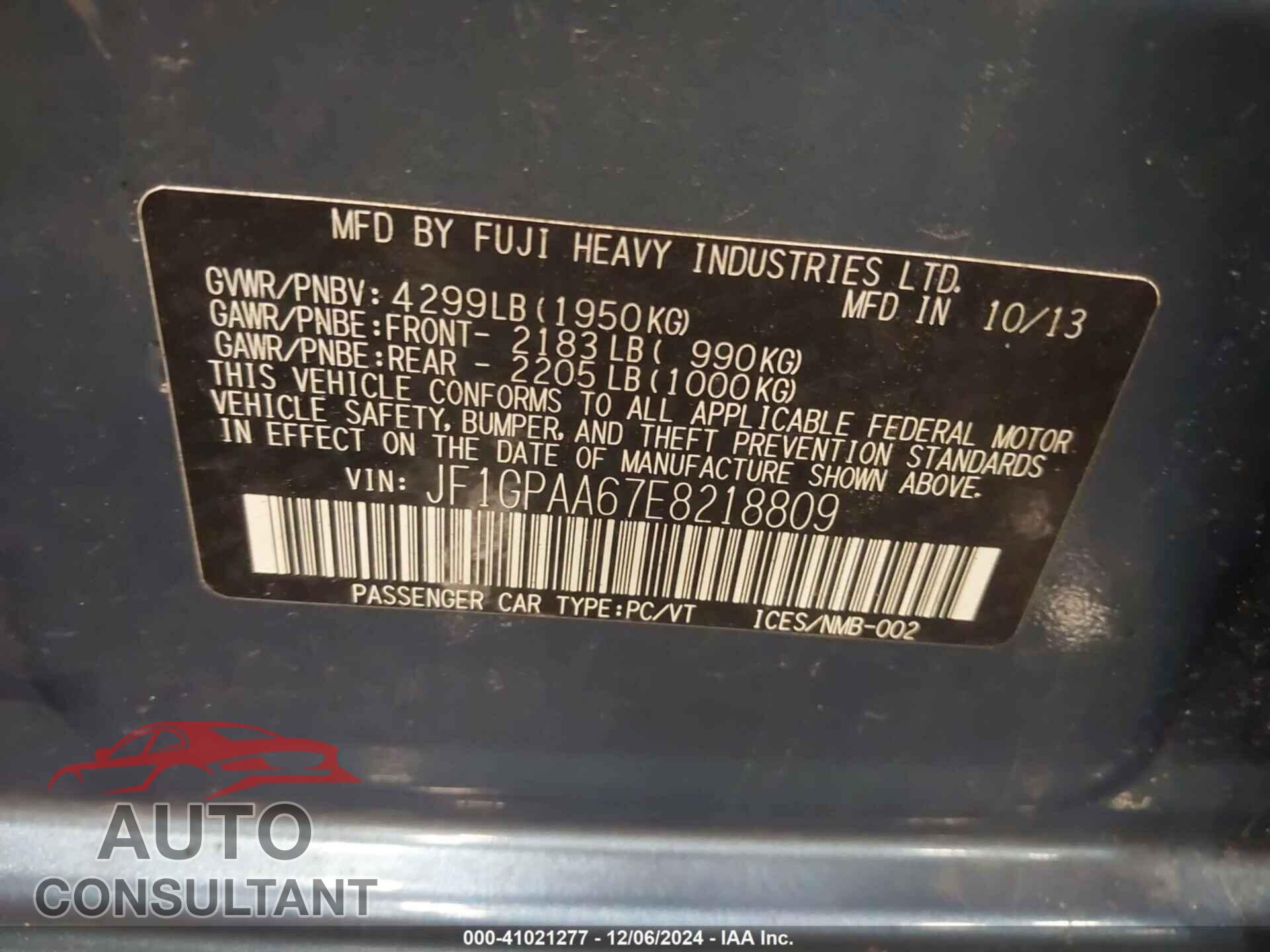 SUBARU IMPREZA 2014 - JF1GPAA67E8218809