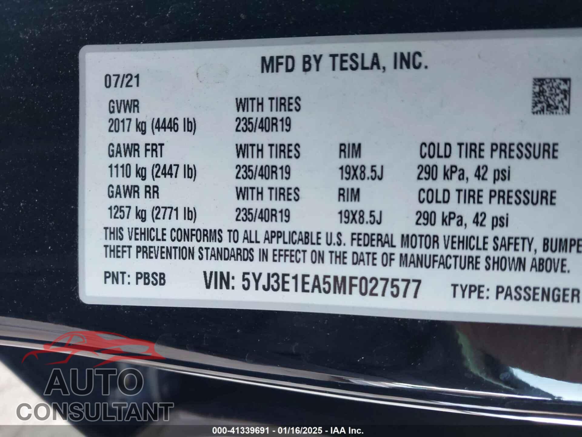 TESLA MODEL 3 2021 - 5YJ3E1EA5MF027577