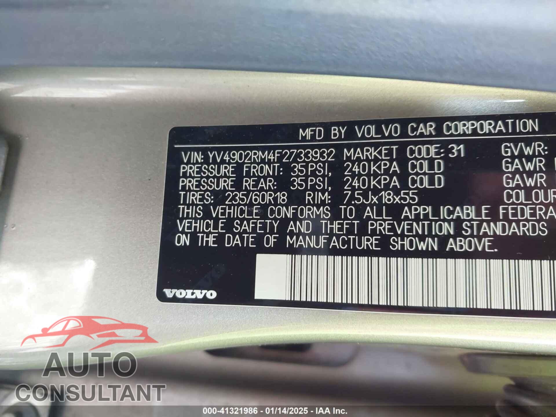 VOLVO XC60 2015 - YV4902RM4F2733932