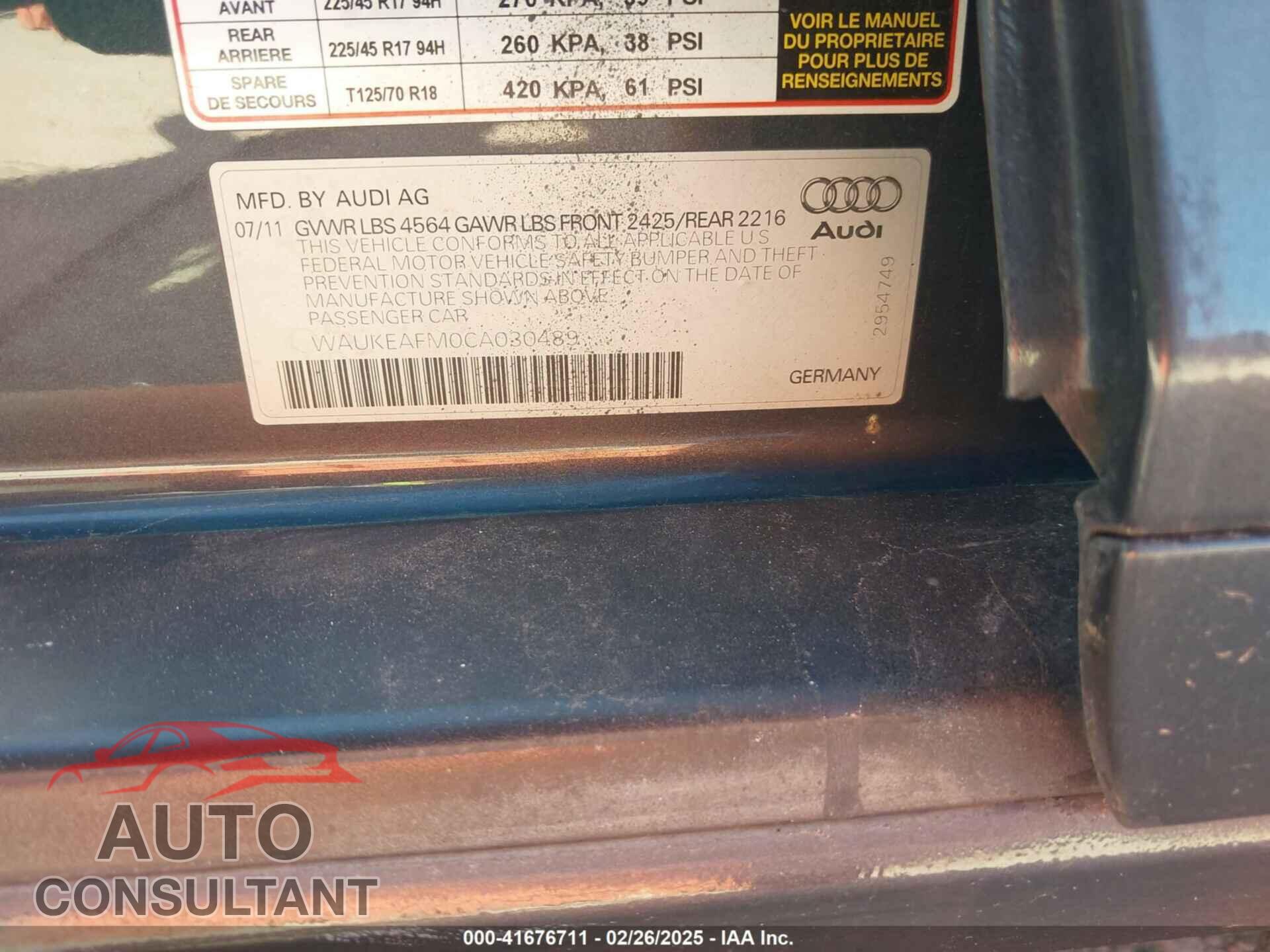 AUDI A3 2012 - WAUKEAFM0CA030489