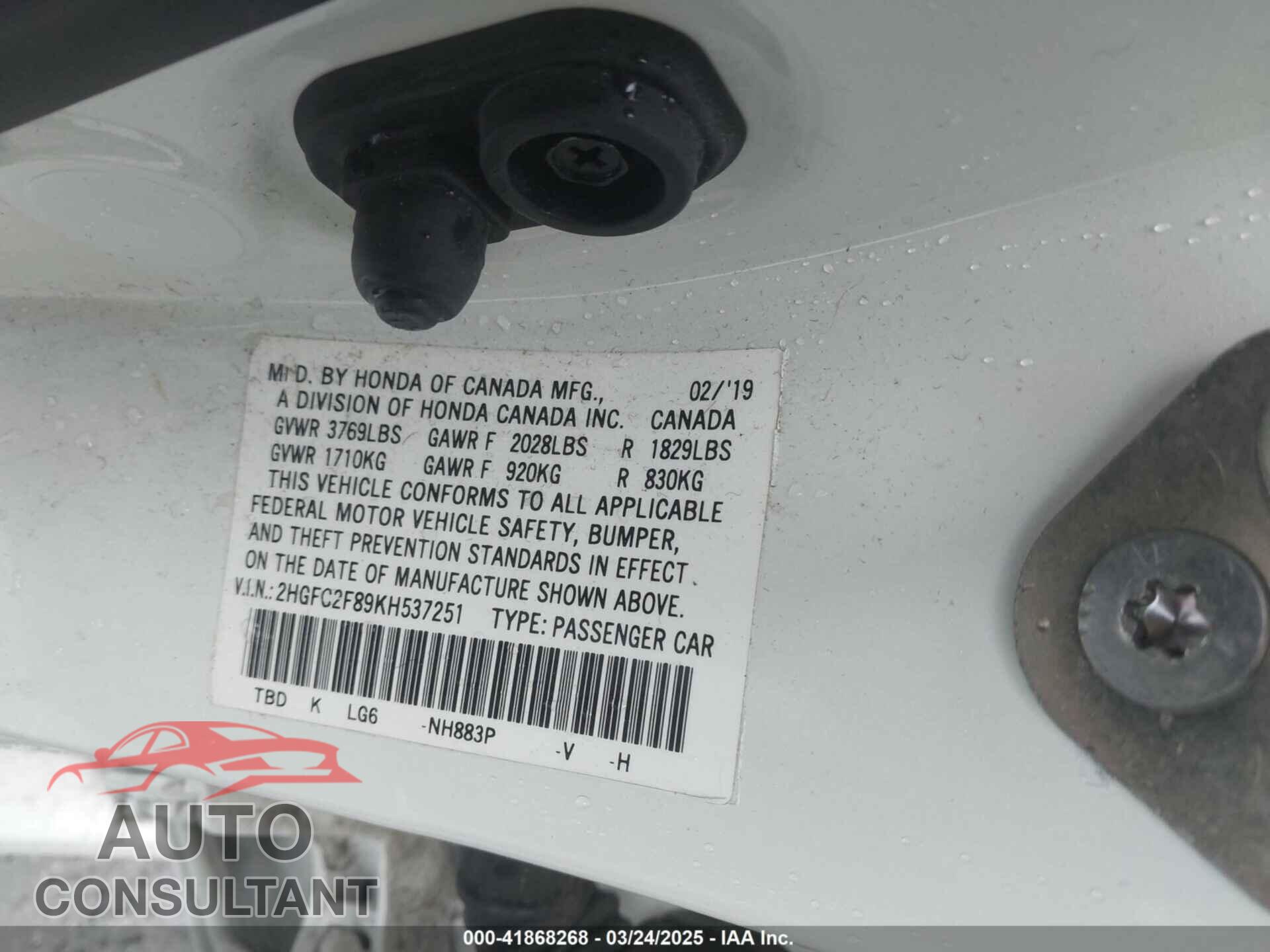 HONDA CIVIC 2019 - 2HGFC2F89KH537251