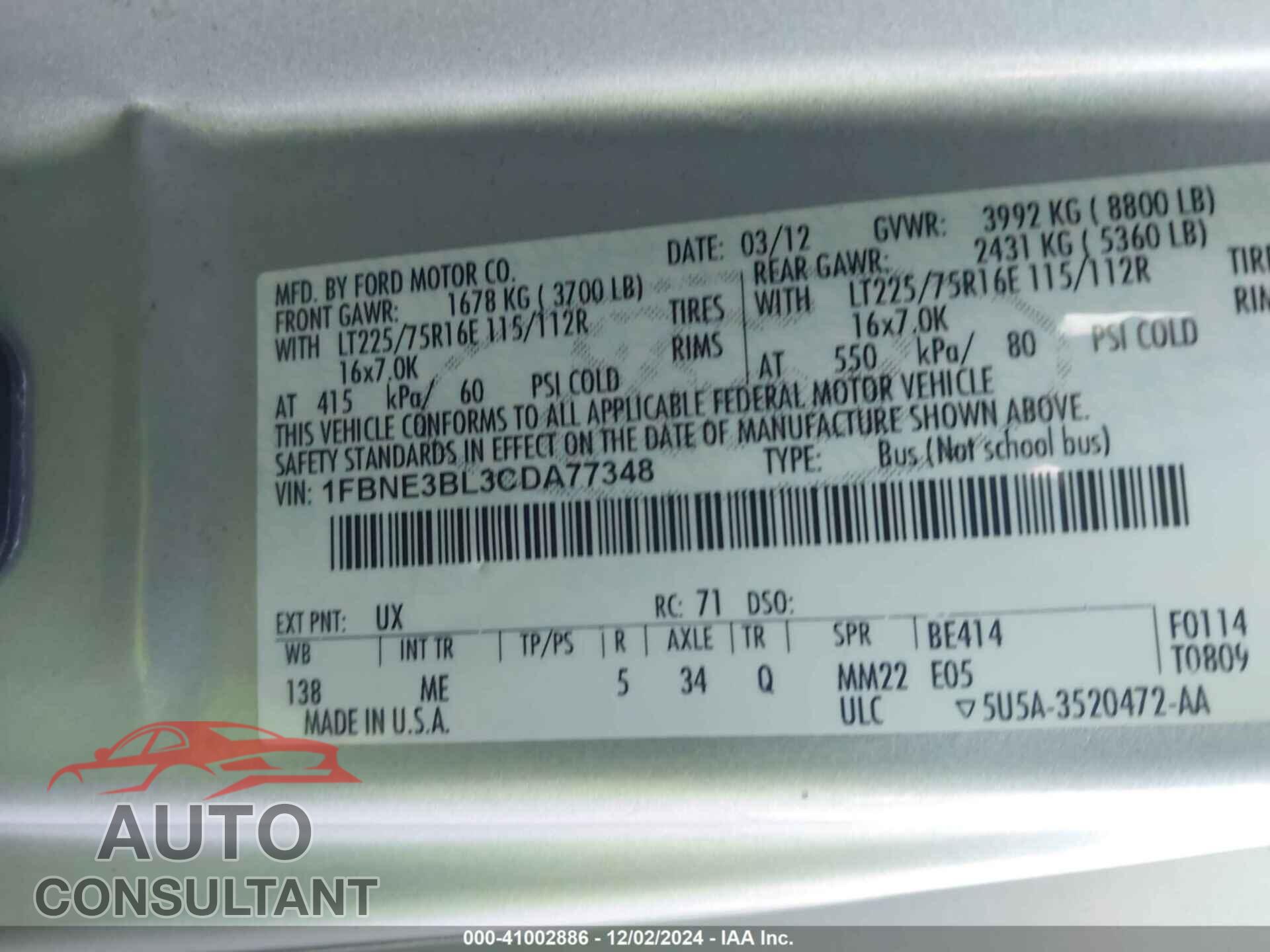 FORD E-350 SUPER DUTY 2012 - 1FBNE3BL3CDA77348