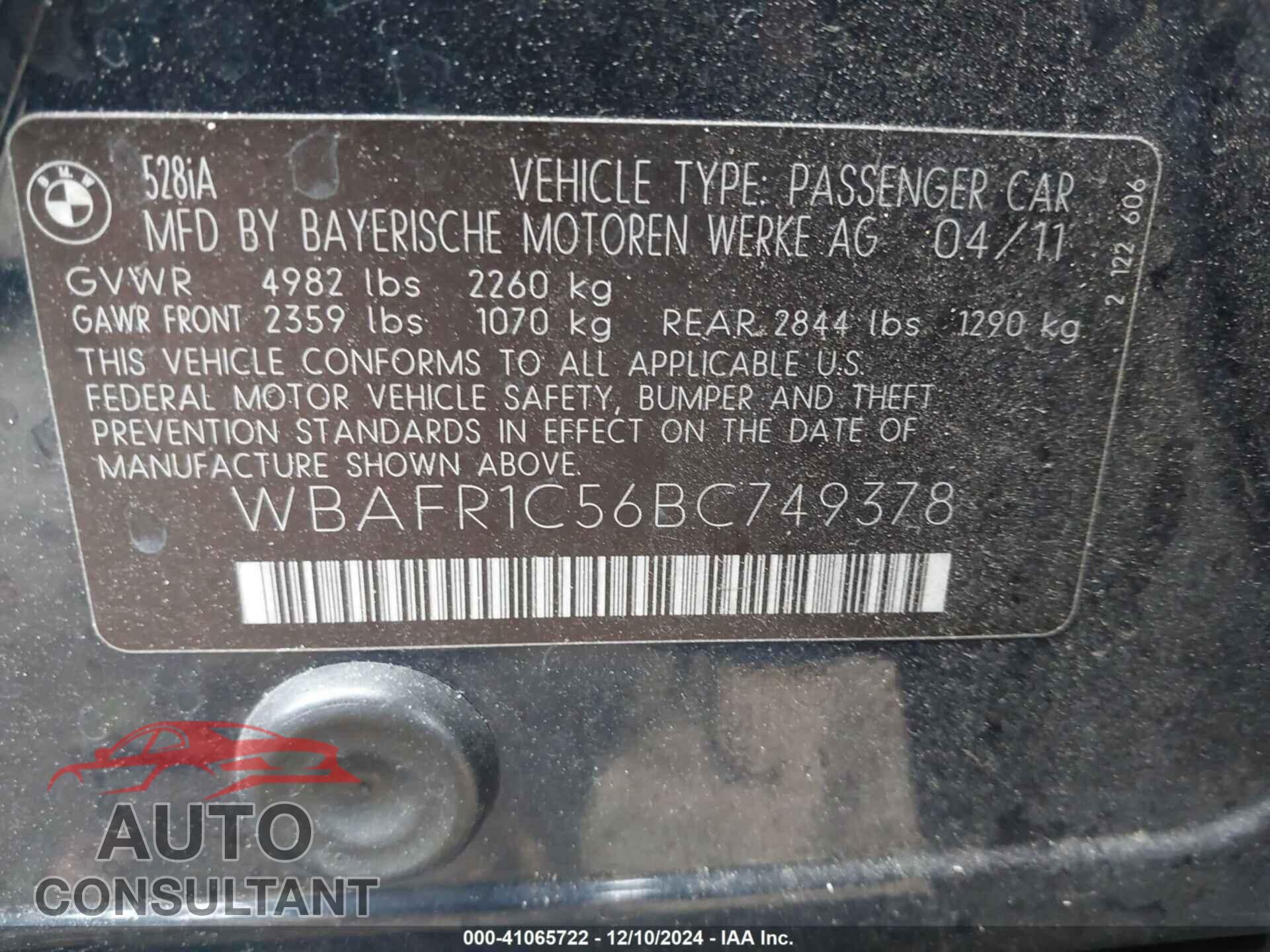 BMW 528I 2011 - WBAFR1C56BC749378