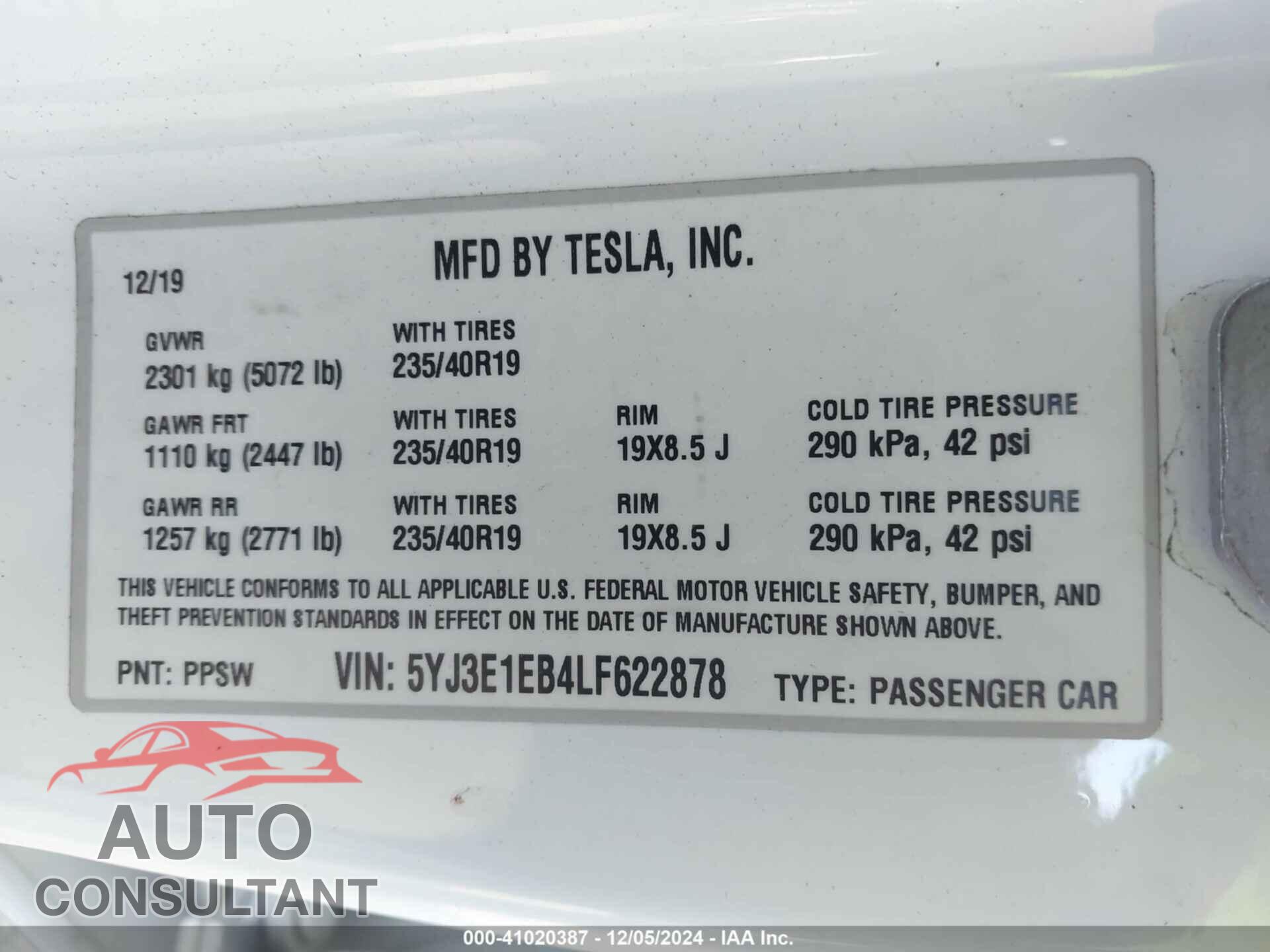 TESLA MODEL 3 2020 - 5YJ3E1EB4LF622878