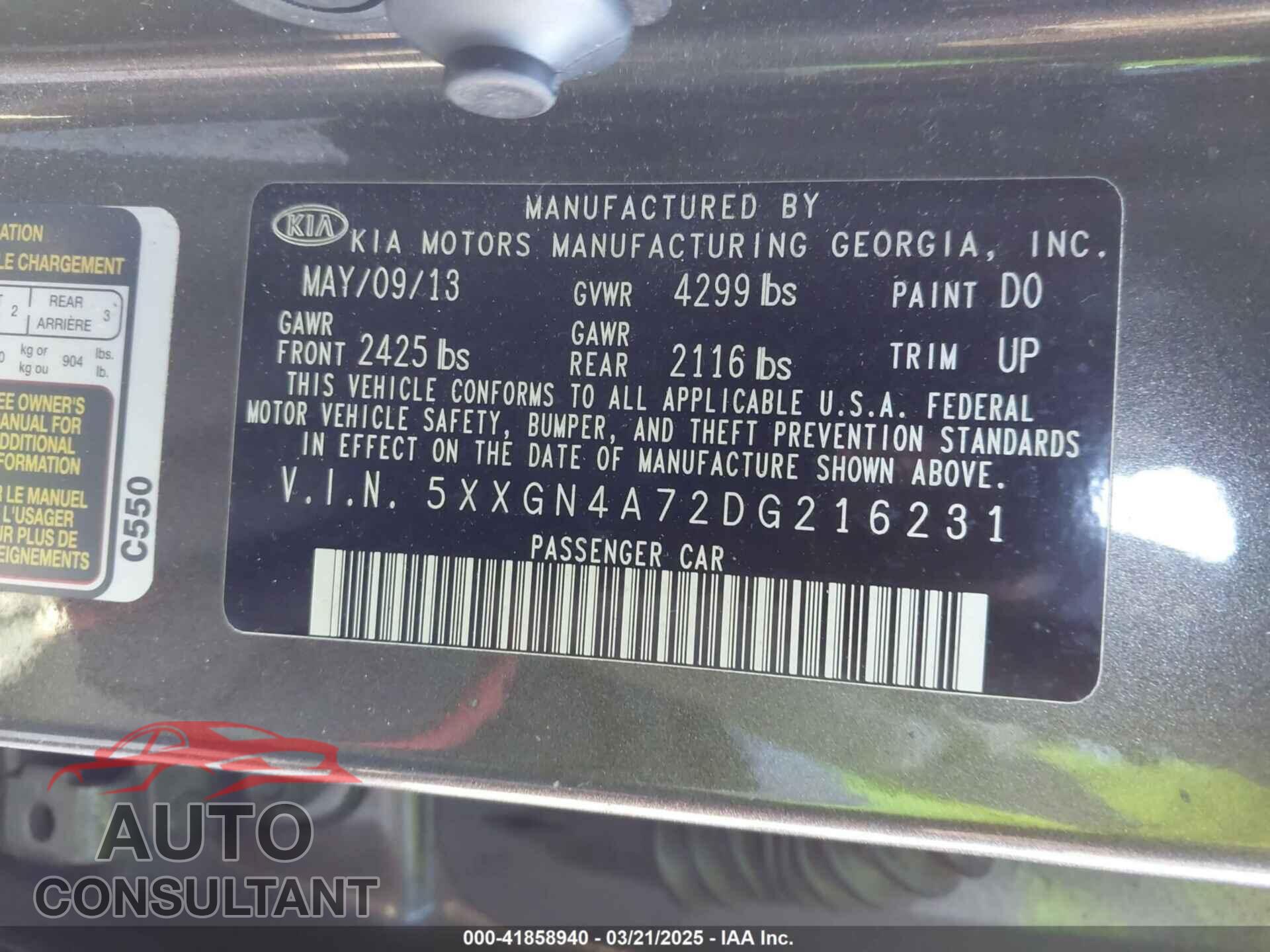 KIA OPTIMA 2013 - 5XXGN4A72DG216231