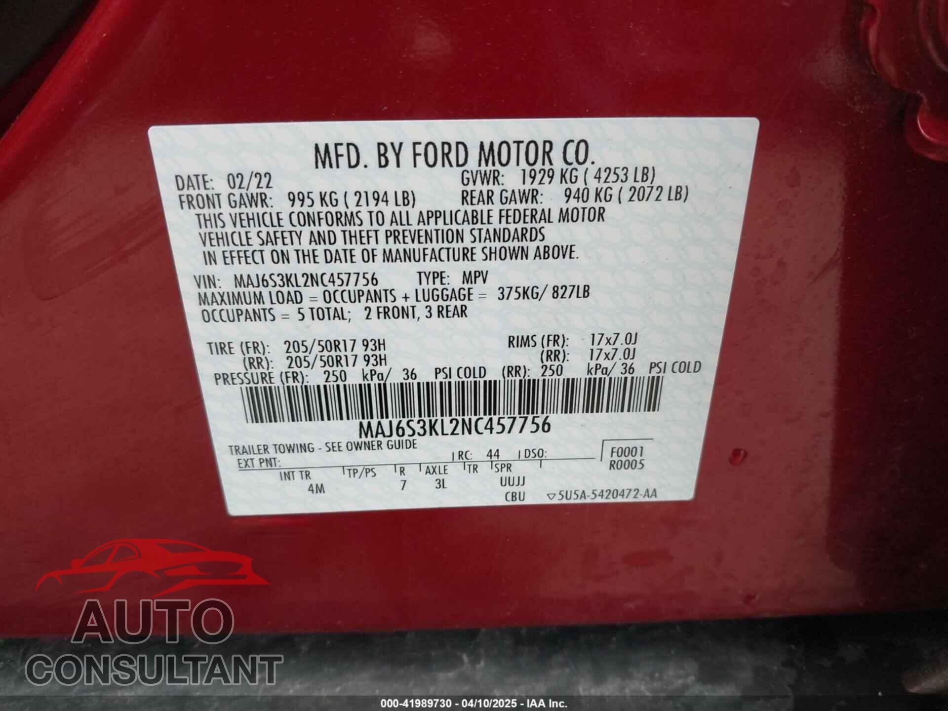 FORD ECOSPORT 2022 - MAJ6S3KL2NC457756