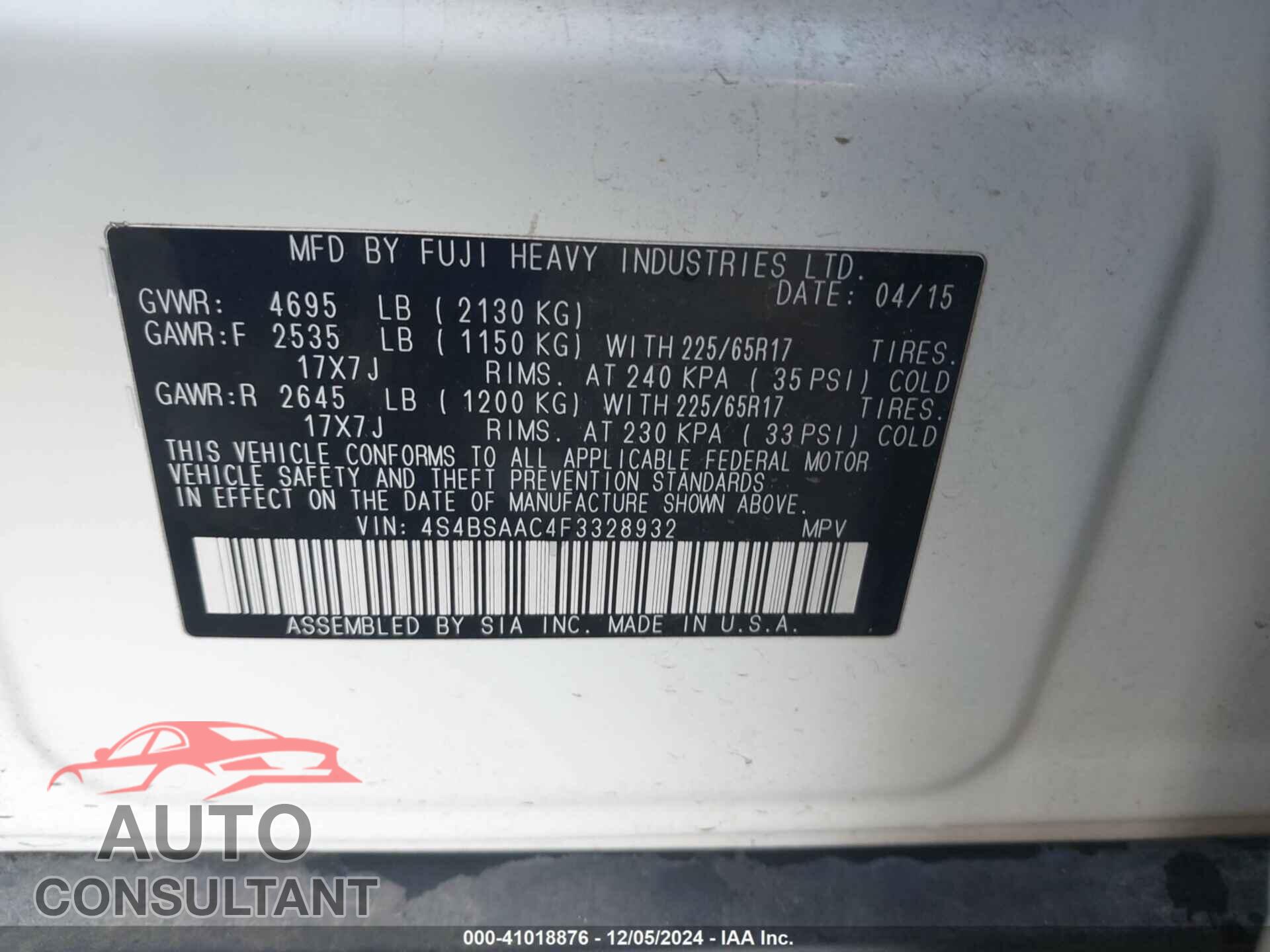 SUBARU OUTBACK 2015 - 4S4BSAAC4F3328932
