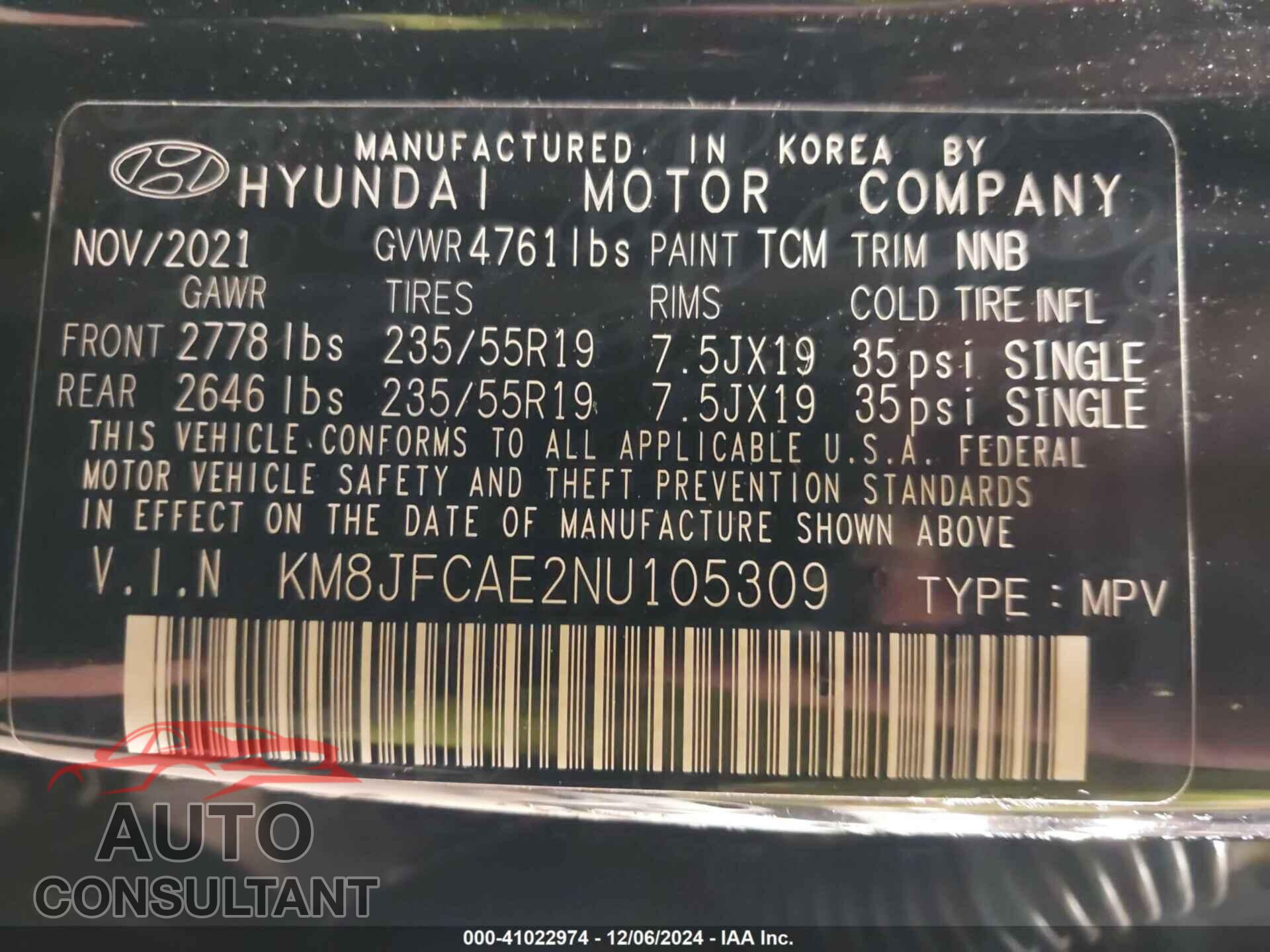HYUNDAI TUCSON 2022 - KM8JFCAE2NU105309