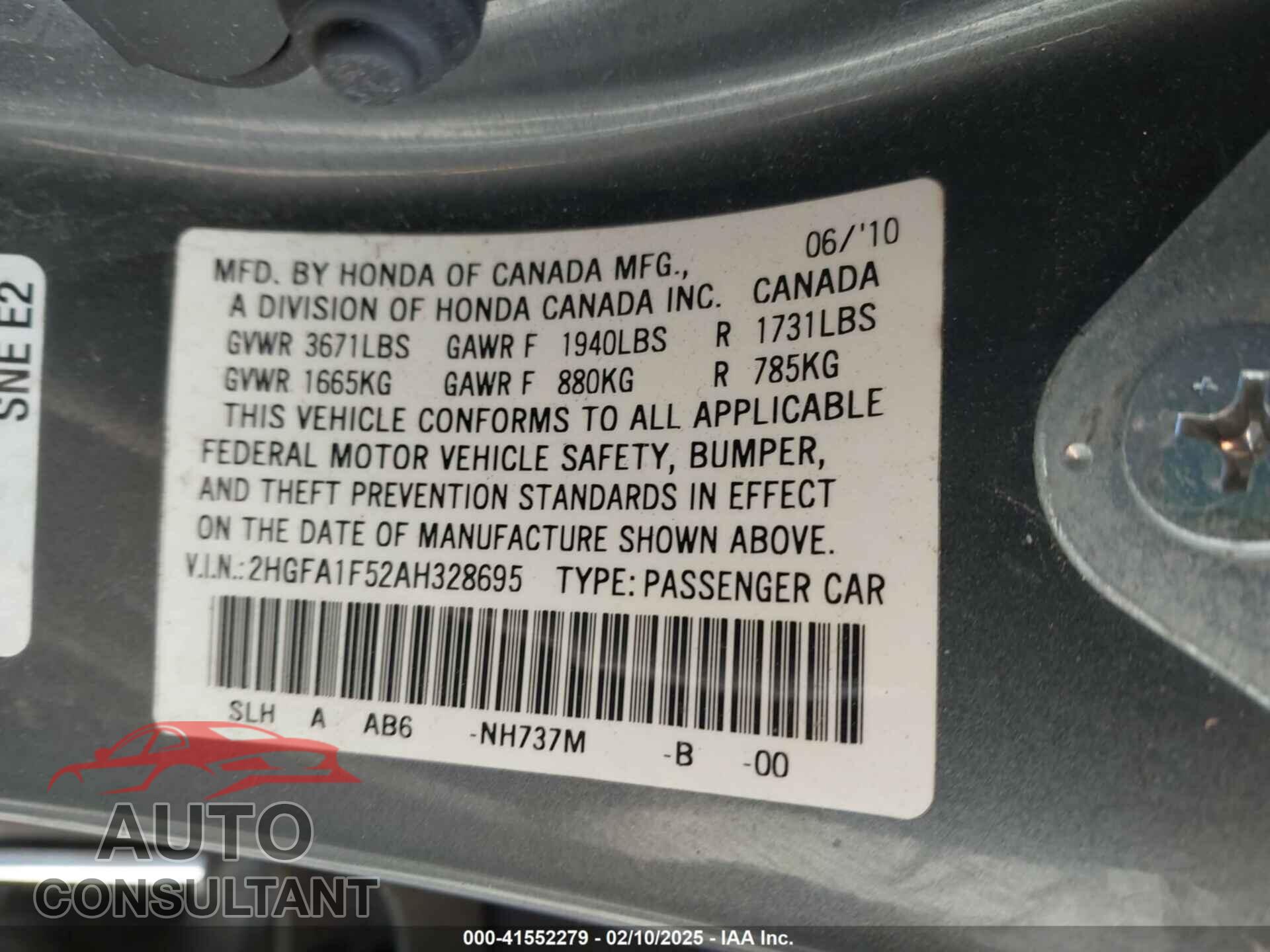 HONDA CIVIC 2010 - 2HGFA1F52AH328695