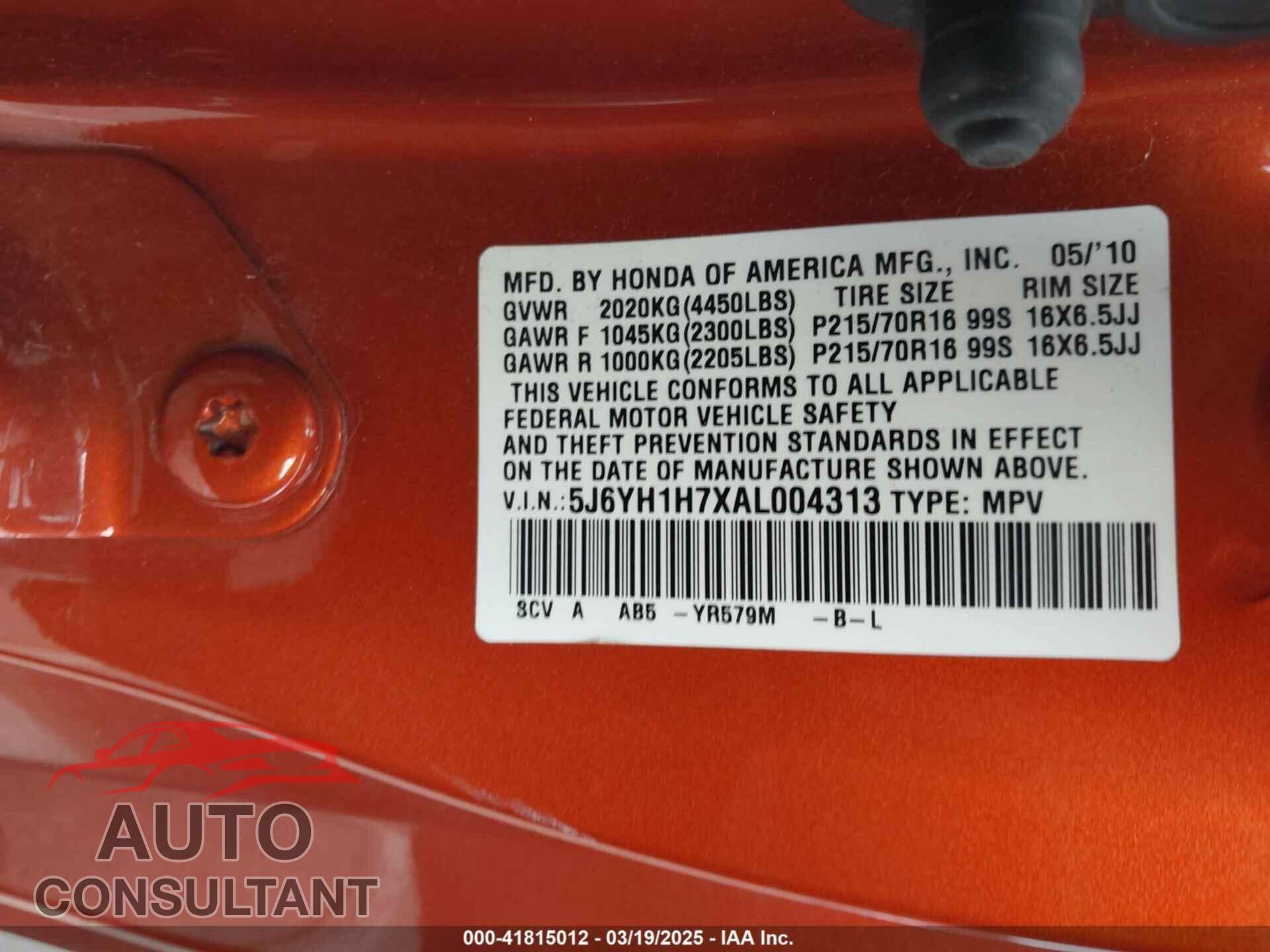 HONDA ELEMENT 2010 - 5J6YH1H7XAL004313