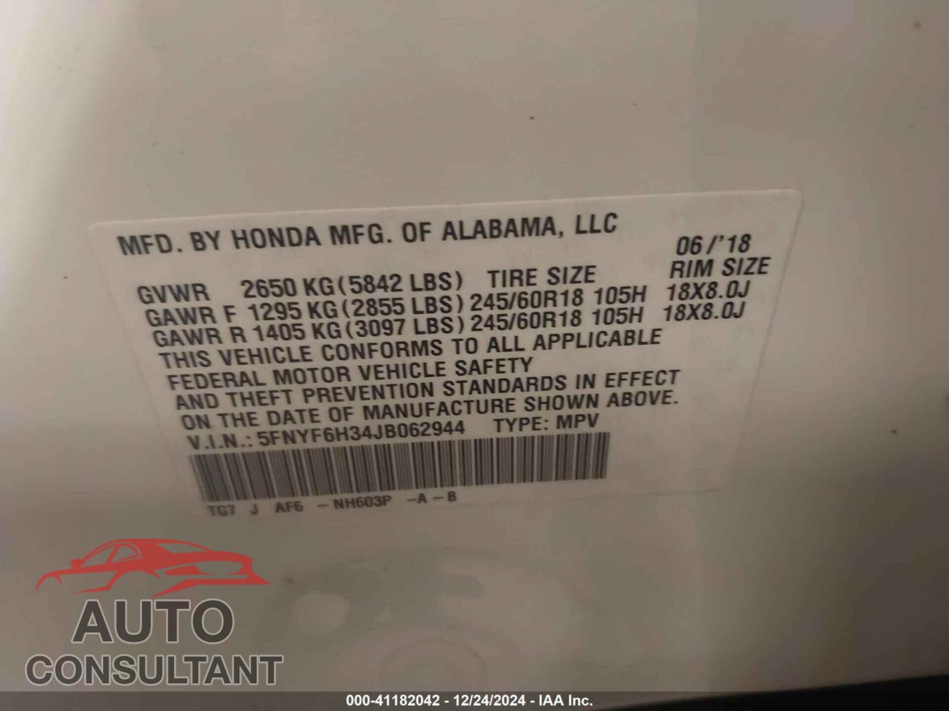 HONDA PILOT 2018 - 5FNYF6H34JB062944
