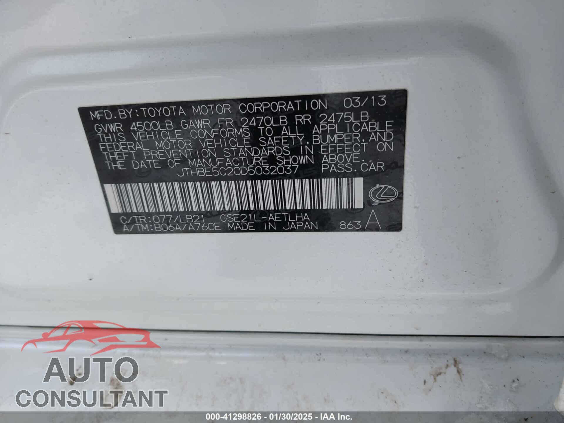 LEXUS IS 350 2013 - JTHBE5C20D5032037