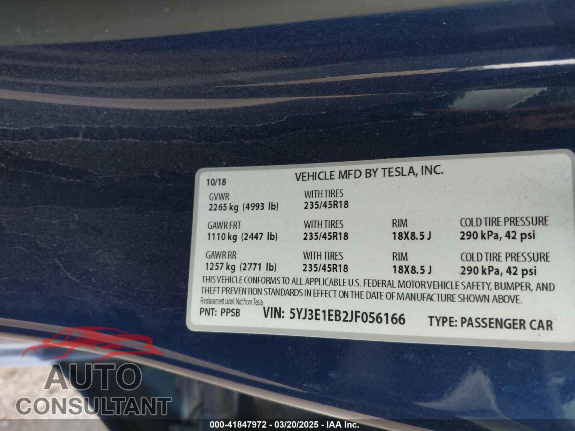 TESLA MODEL 3 2018 - 5YJ3E1EB2JF056166