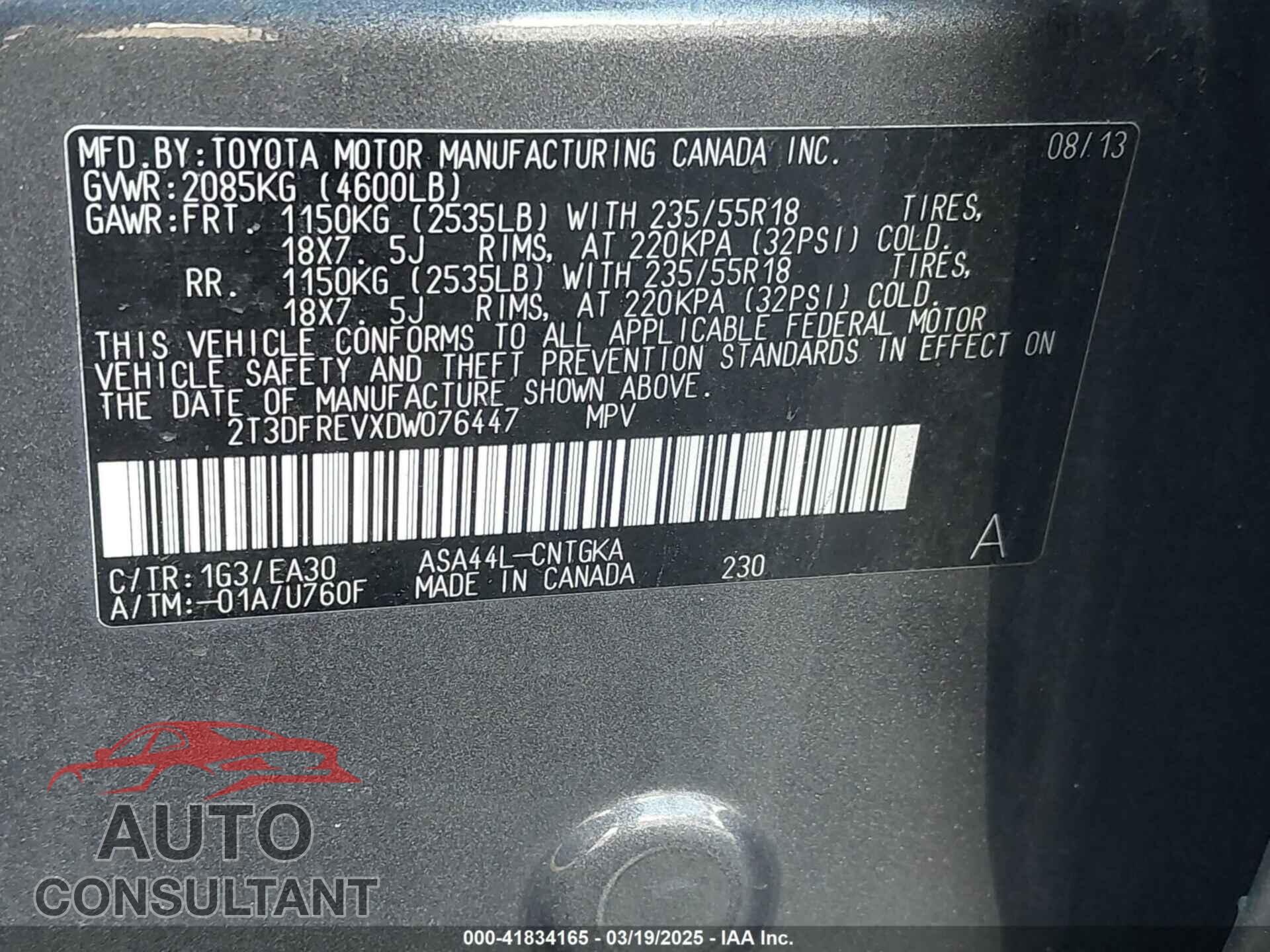 TOYOTA RAV4 2013 - 2T3DFREVXDW076447