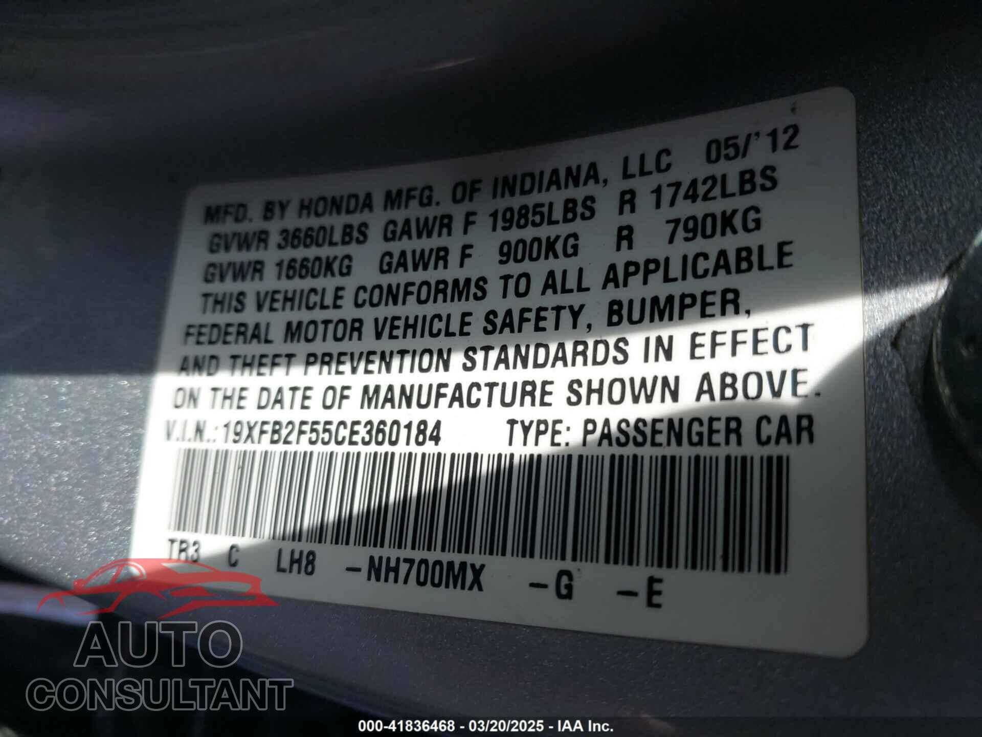 HONDA CIVIC 2012 - 19XFB2F55CE360184
