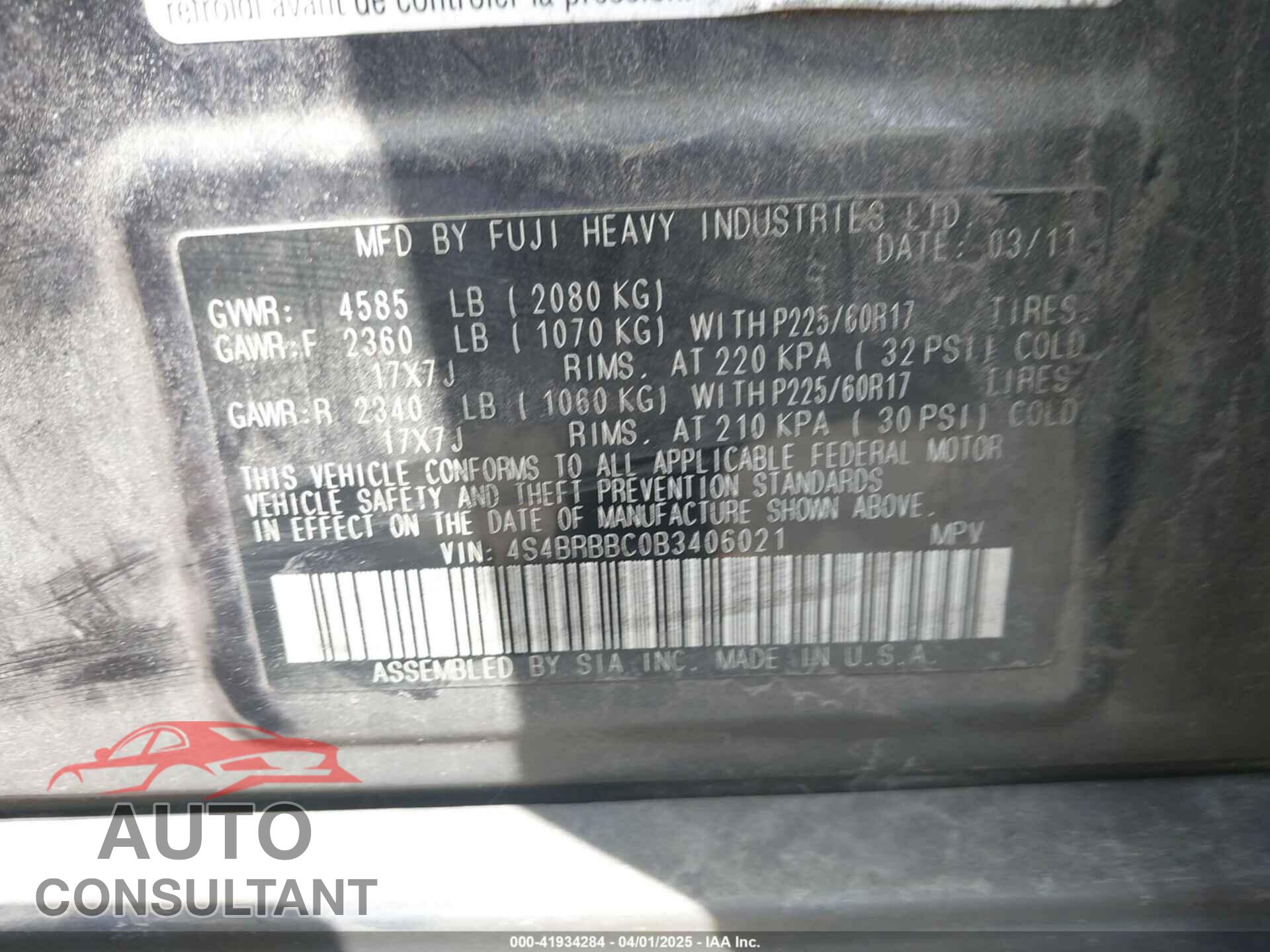 SUBARU OUTBACK 2011 - 4S4BRBBC0B3406021