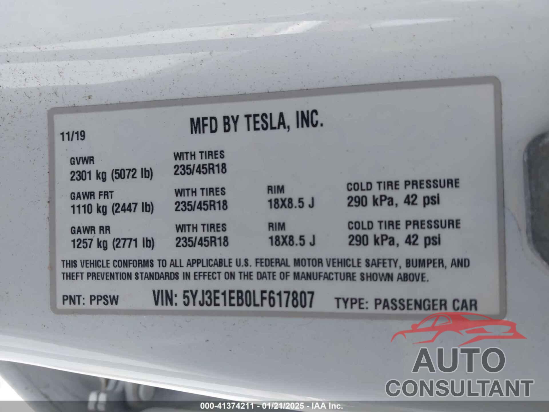TESLA MODEL 3 2020 - 5YJ3E1EB0LF617807
