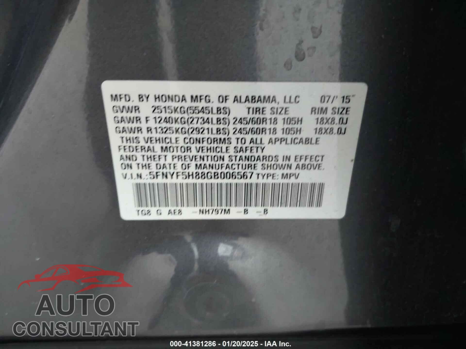 HONDA PILOT 2016 - 5FNYF5H88GB006567