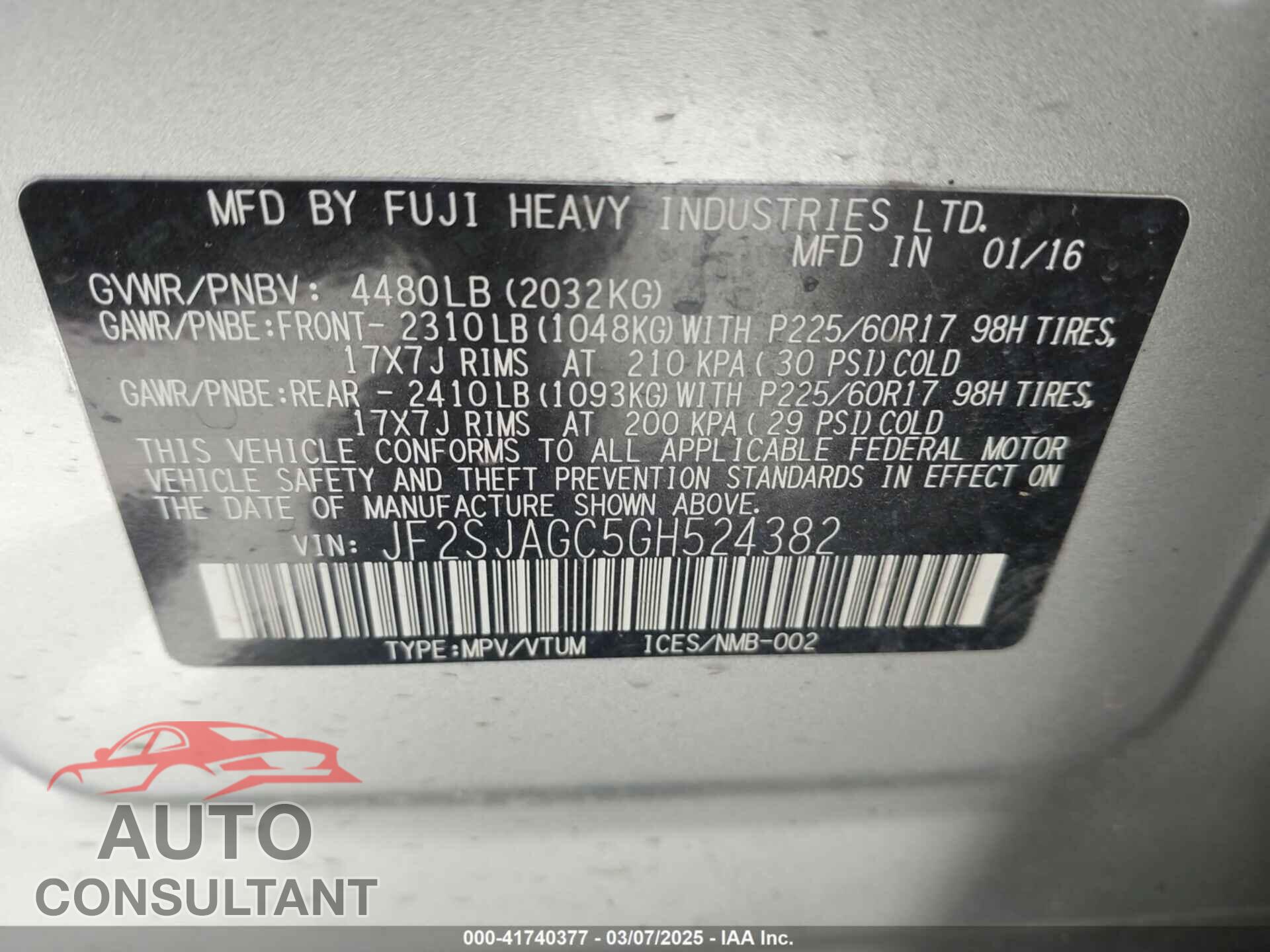 SUBARU FORESTER 2016 - JF2SJAGC5GH524382