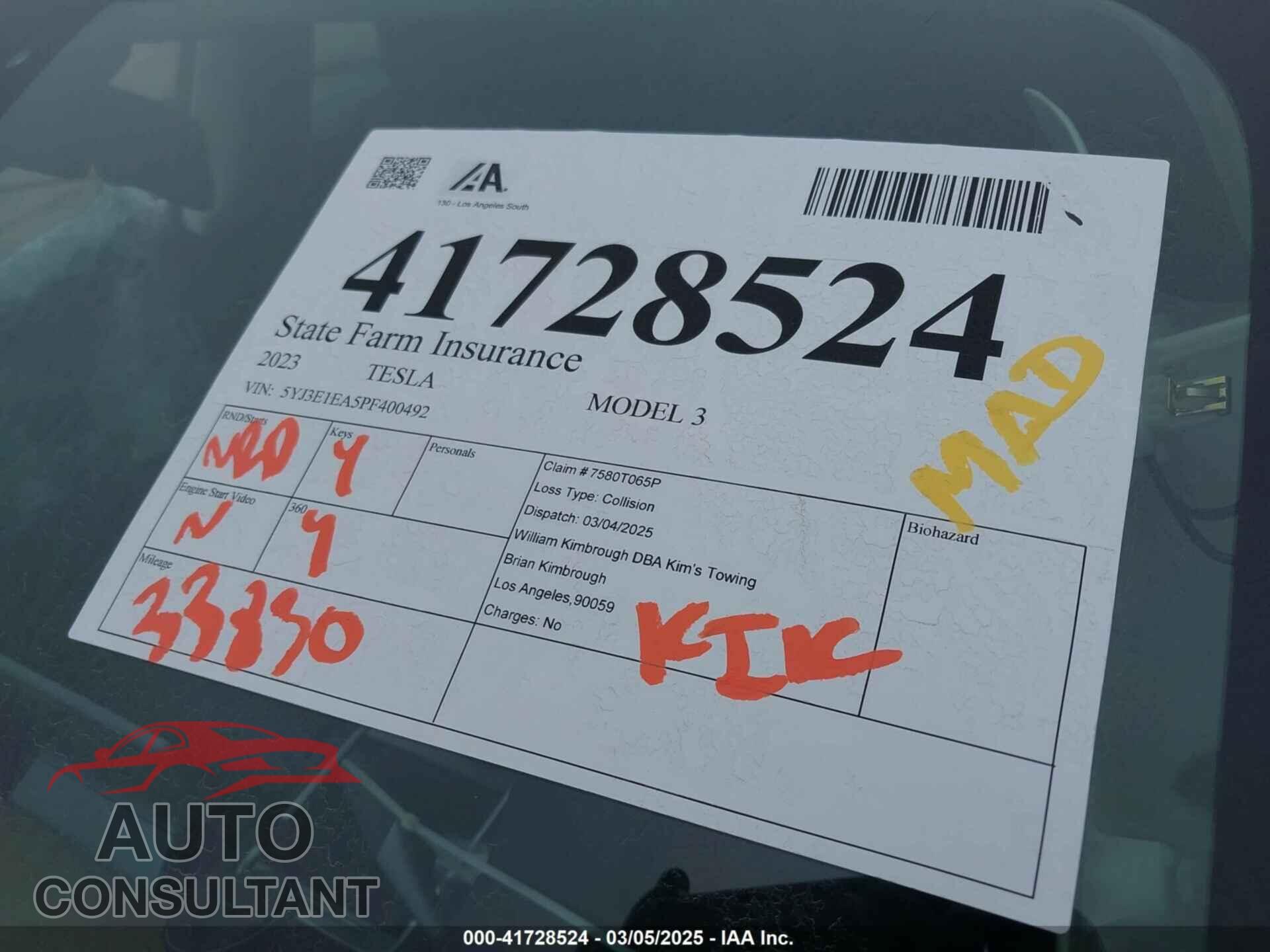 TESLA MODEL 3 2023 - 5YJ3E1EA5PF400492