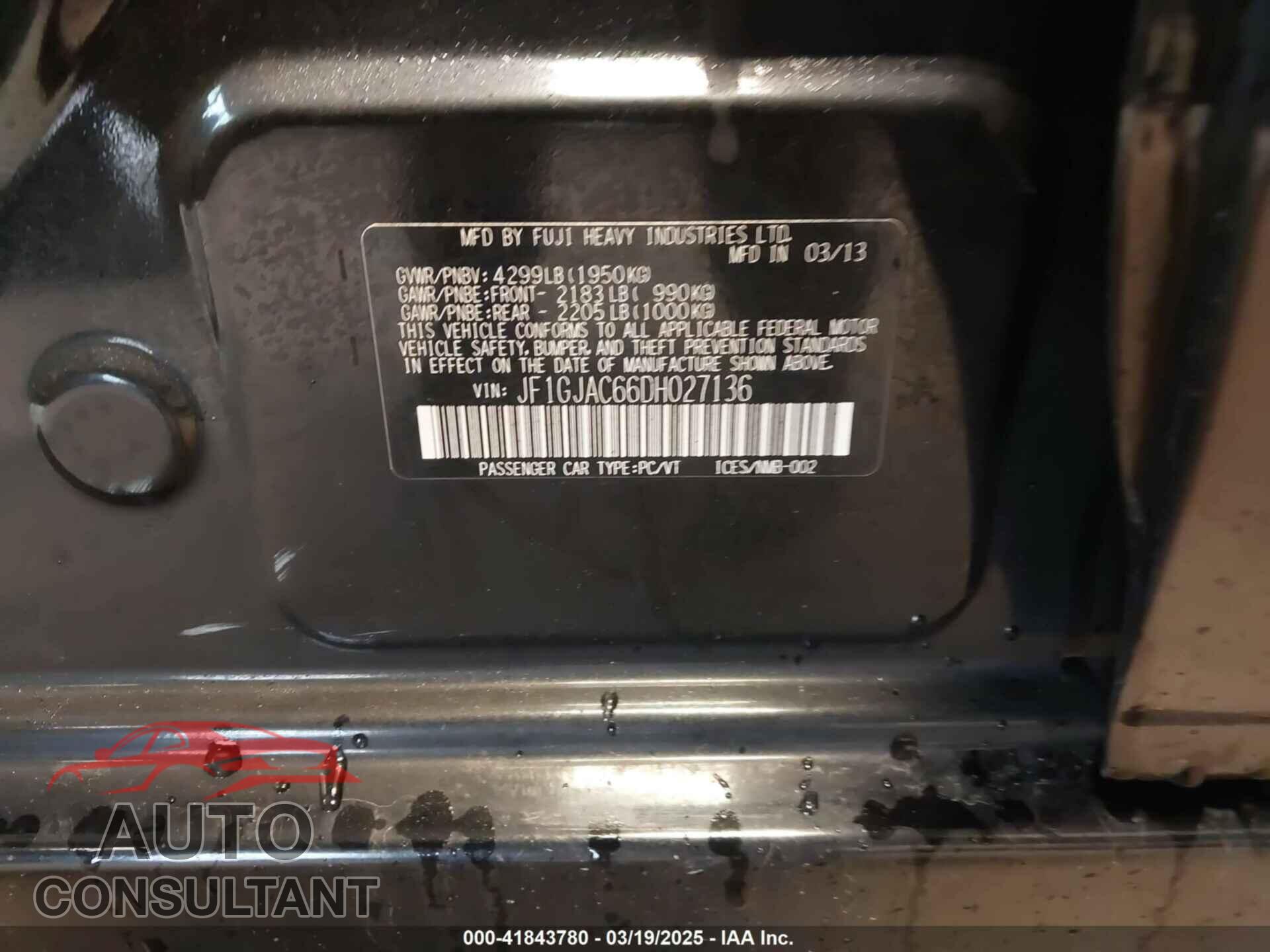 SUBARU IMPREZA 2013 - JF1GJAC66DH027136