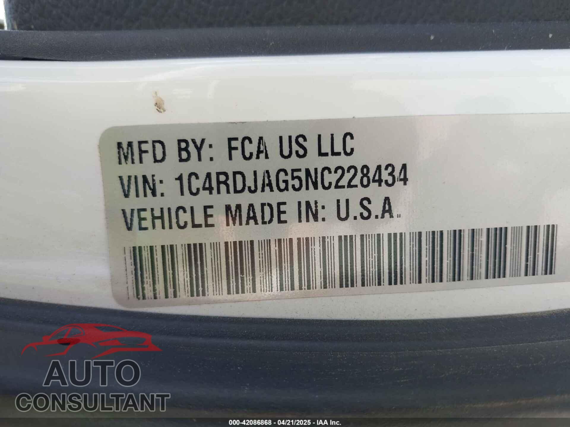 DODGE DURANGO 2022 - 1C4RDJAG5NC228434