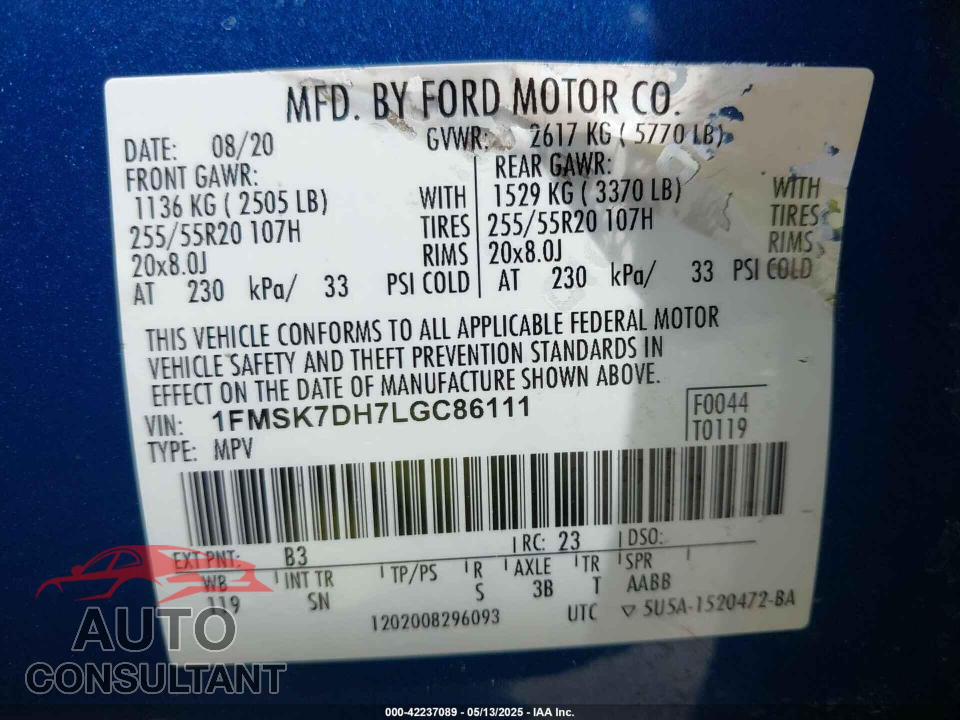 FORD EXPLORER 2020 - 1FMSK7DH7LGC86111