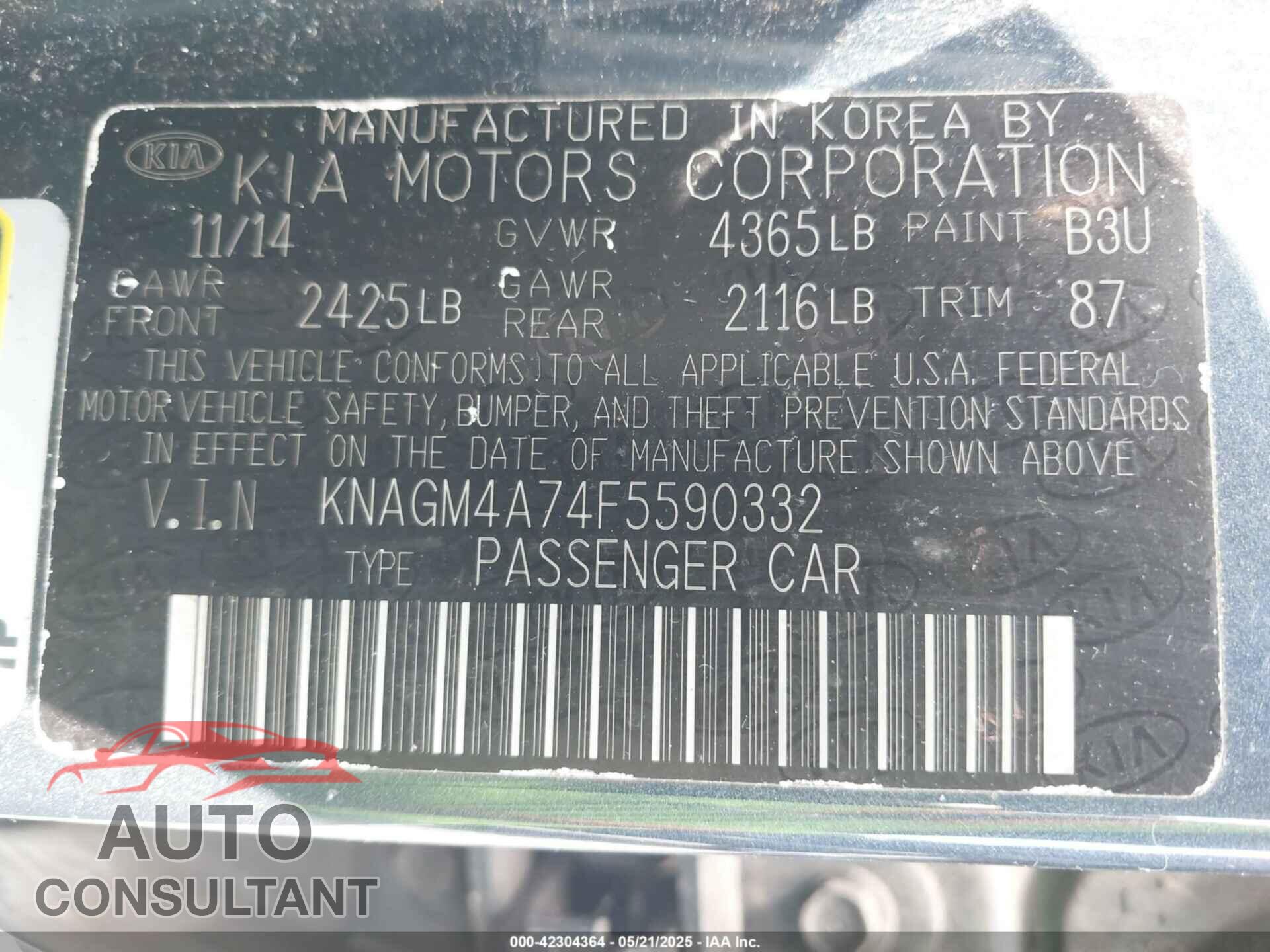 KIA OPTIMA 2015 - KNAGM4A74F5590332