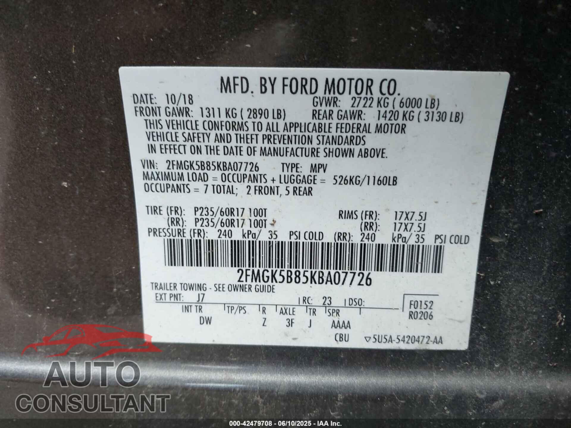 FORD FLEX 2019 - 2FMGK5B85KBA07726