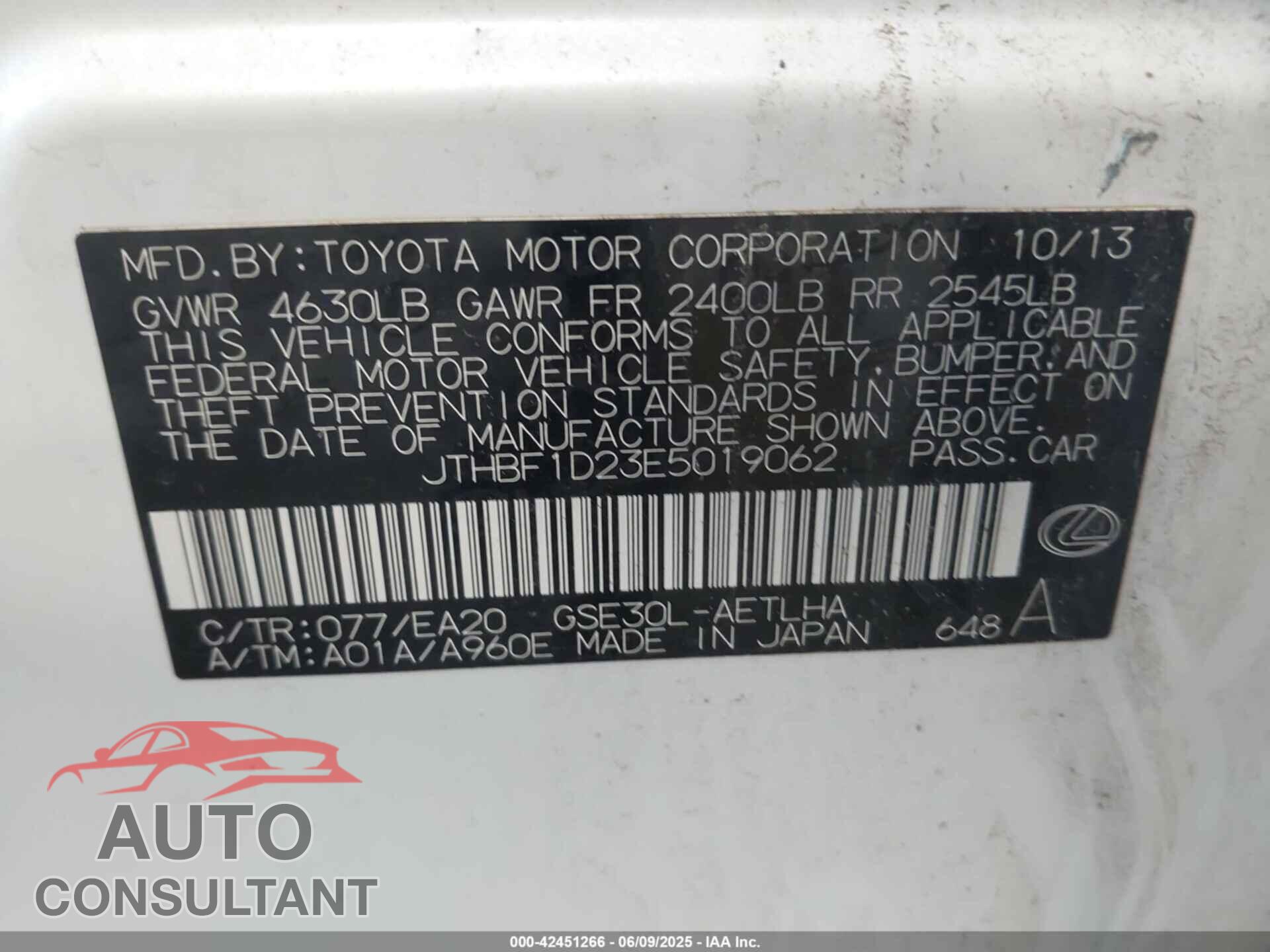 LEXUS IS 250 2014 - JTHBF1D23E5019062