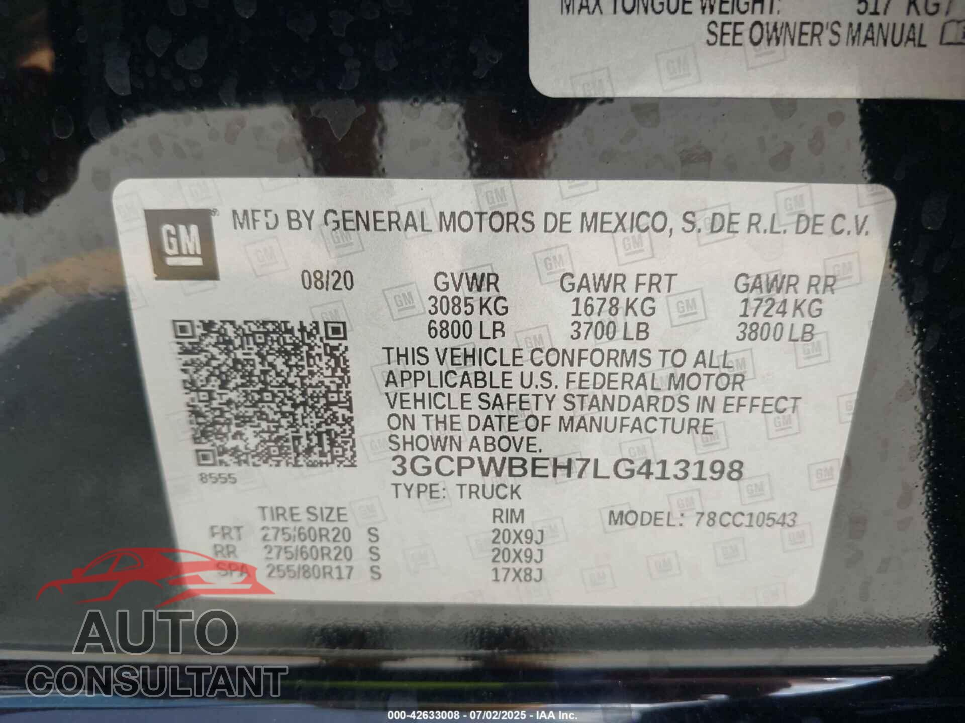 CHEVROLET SILVERADO 1500 2020 - 3GCPWBEH7LG413198