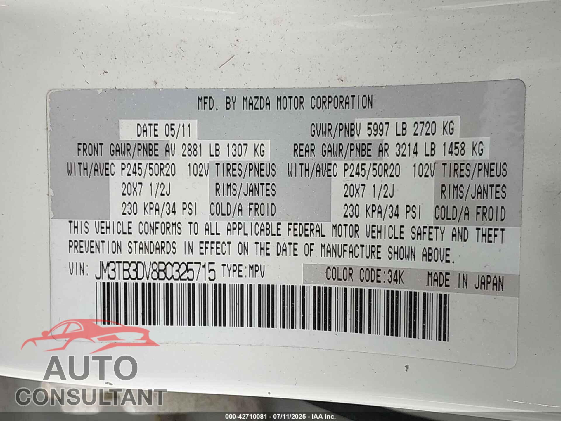 MAZDA CX-9 2011 - JM3TB3DV8B0325715