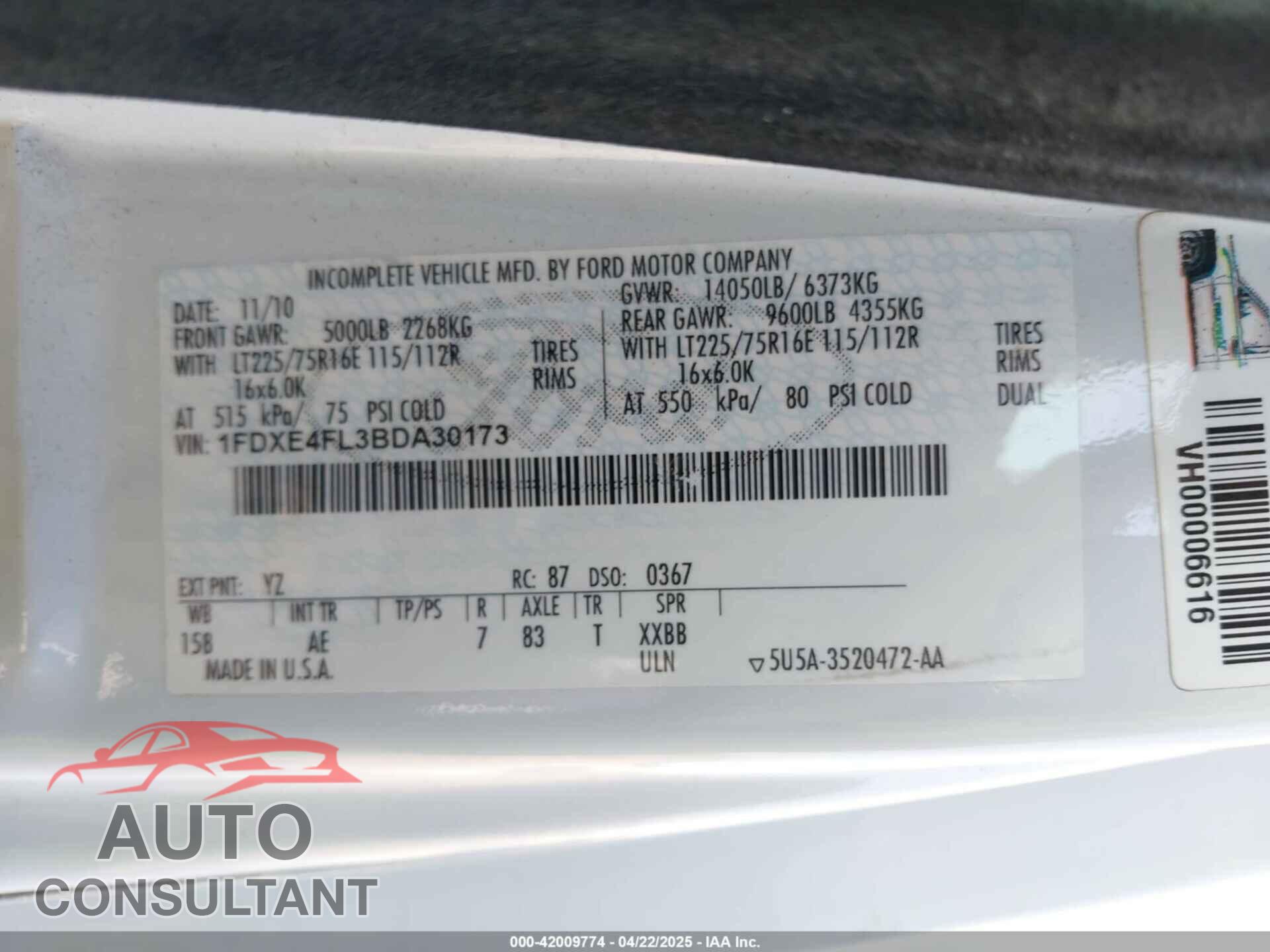 FORD E-450 CUTAWAY 2011 - 1FDXE4FL3BDA30173