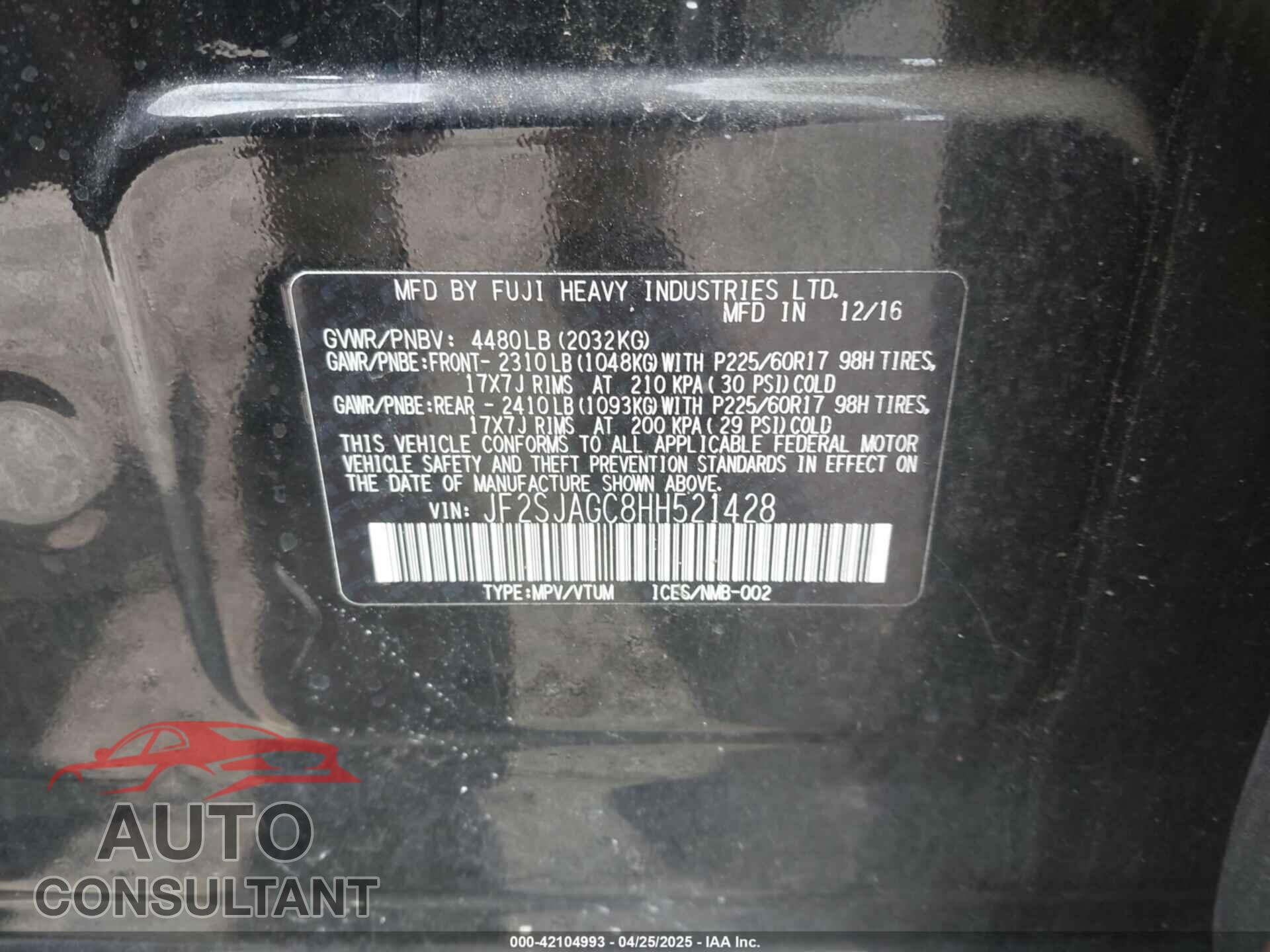 SUBARU FORESTER 2017 - JF2SJAGC8HH521428