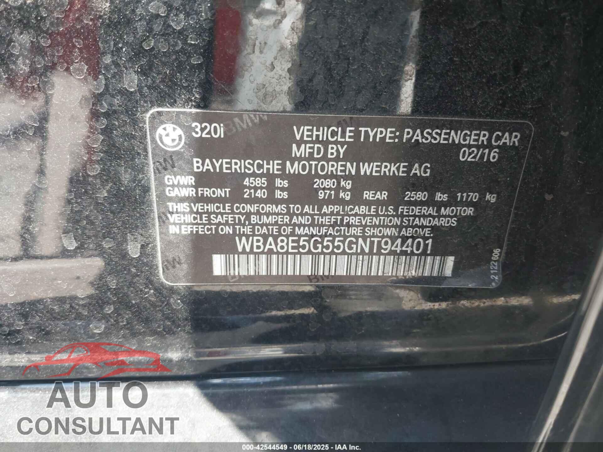 BMW 320I 2016 - WBA8E5G55GNT94401
