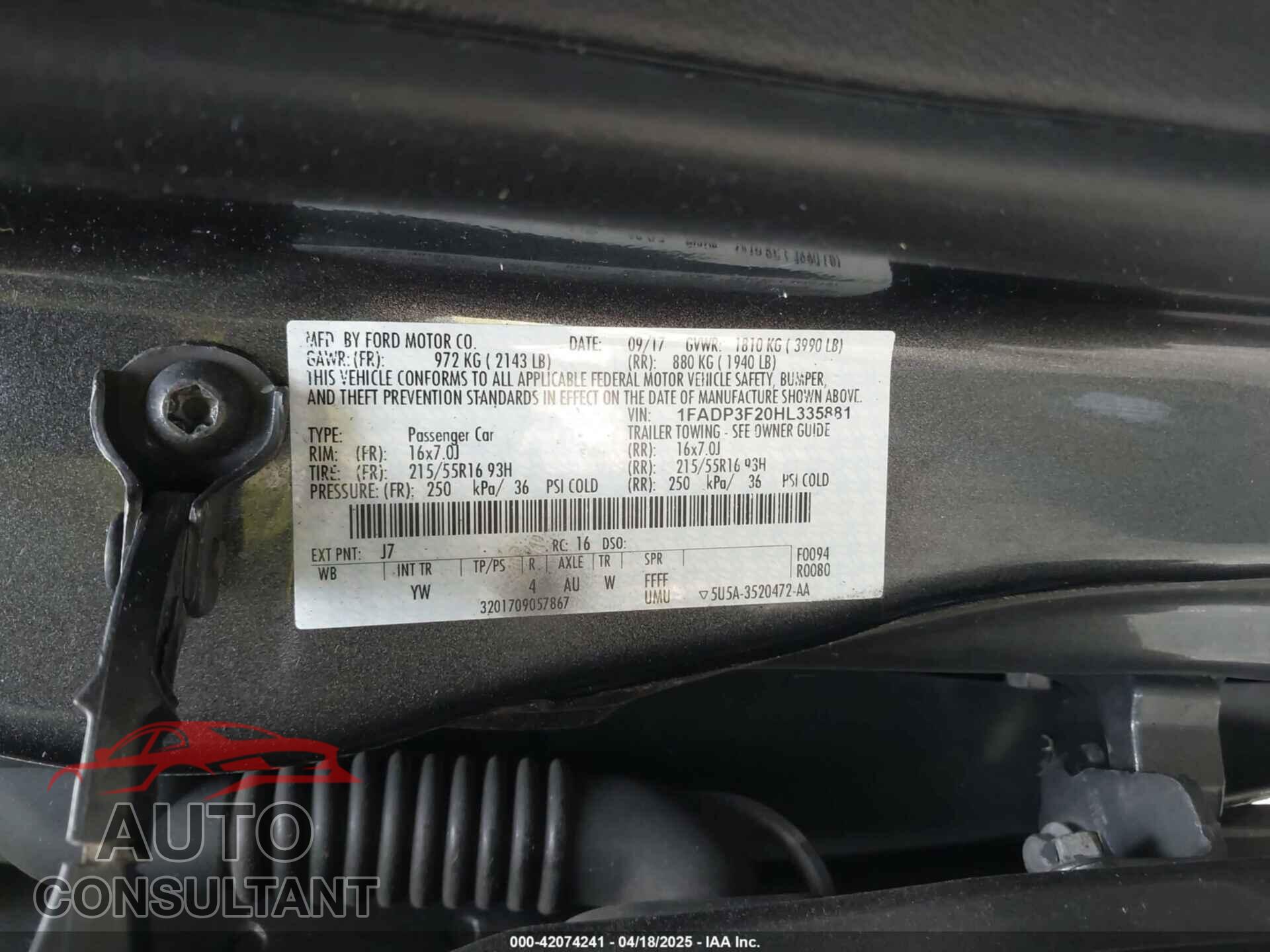 FORD FOCUS 2017 - 1FADP3F20HL335881