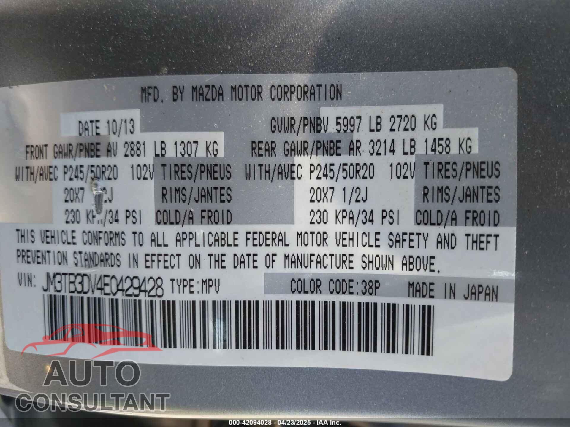 MAZDA CX-9 2014 - JM3TB3DV4E0429428