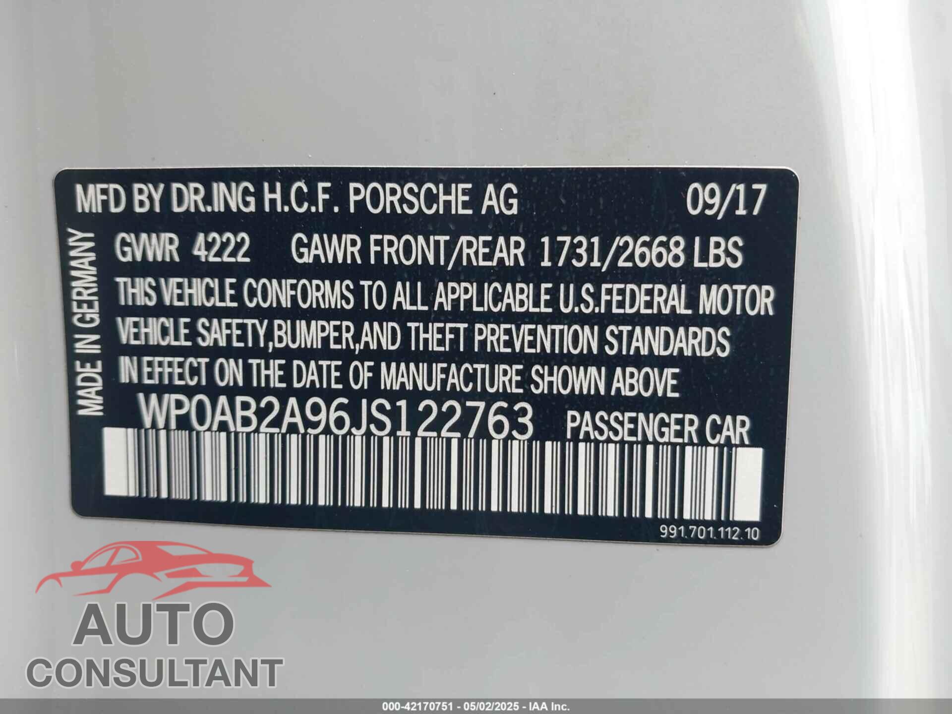 PORSCHE 911 2018 - WP0AB2A96JS122763